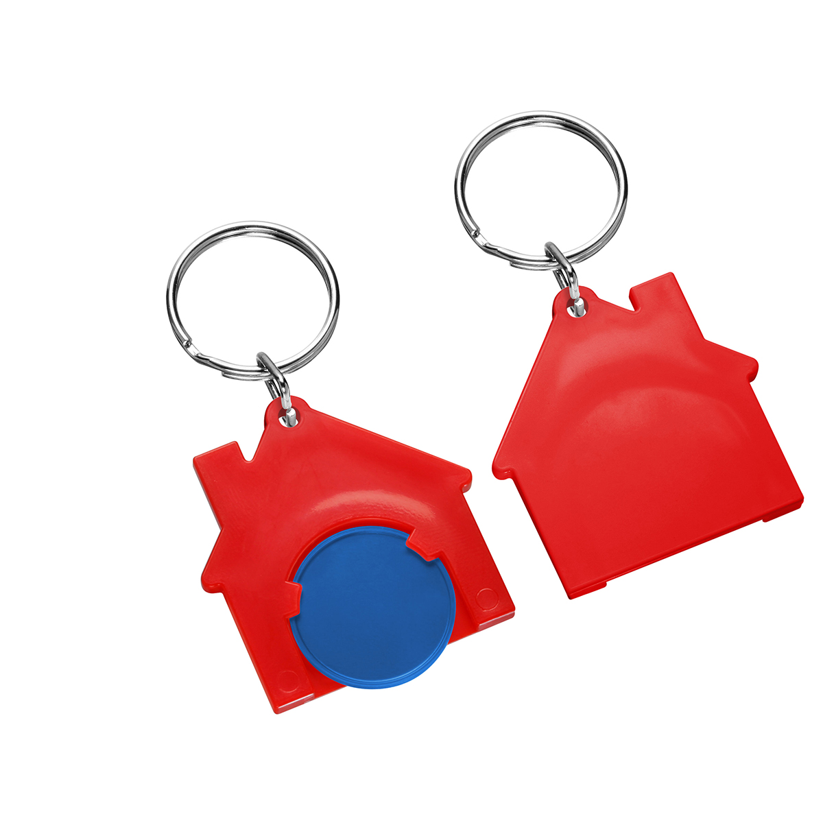 Chiphalter mit 1€-Chip "Haus", Chip blau, Chiphalter rot