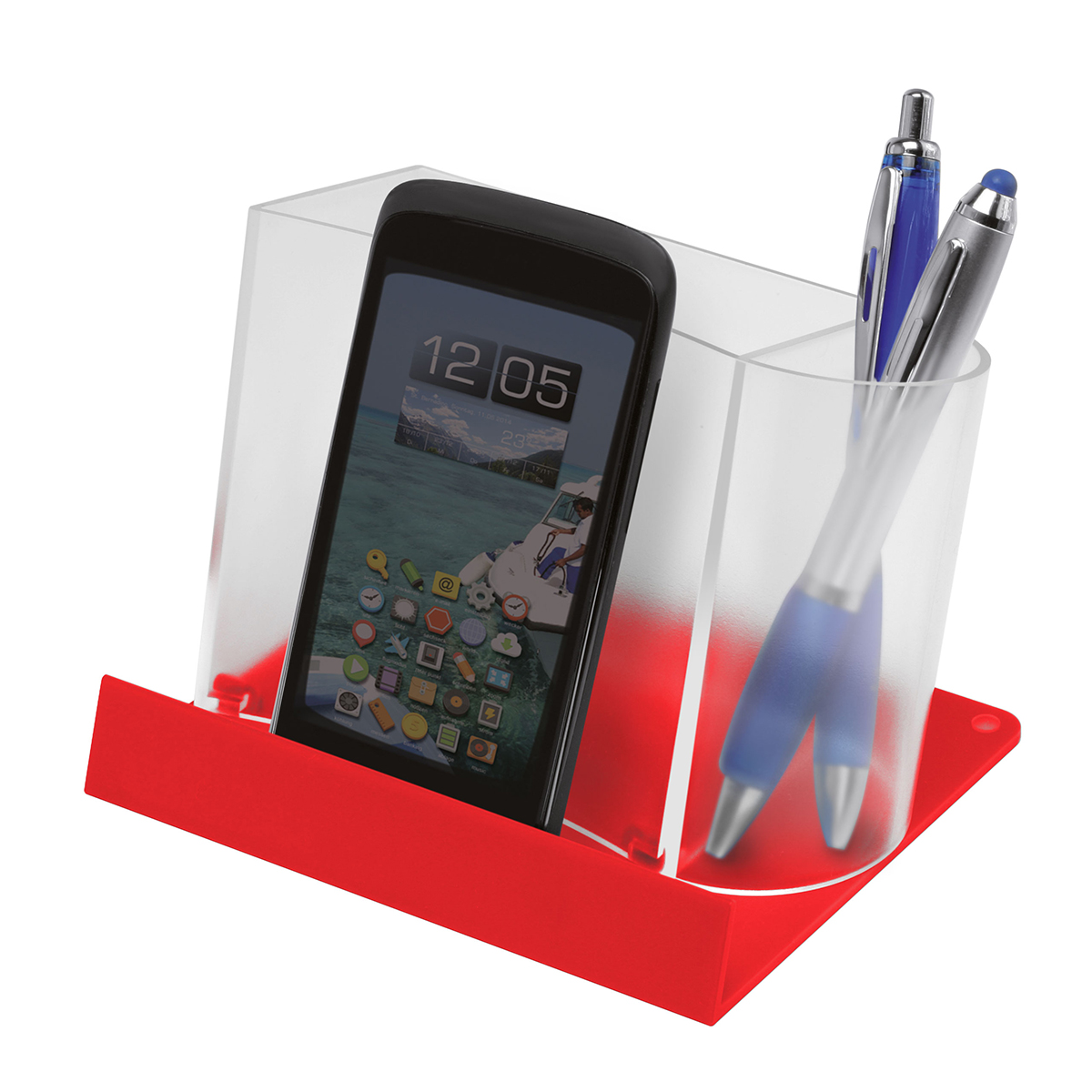 Smartphone-/Tabletständer mit Zettelbox und Köcher, Zettelbox gefrostet transparent, Platte rot