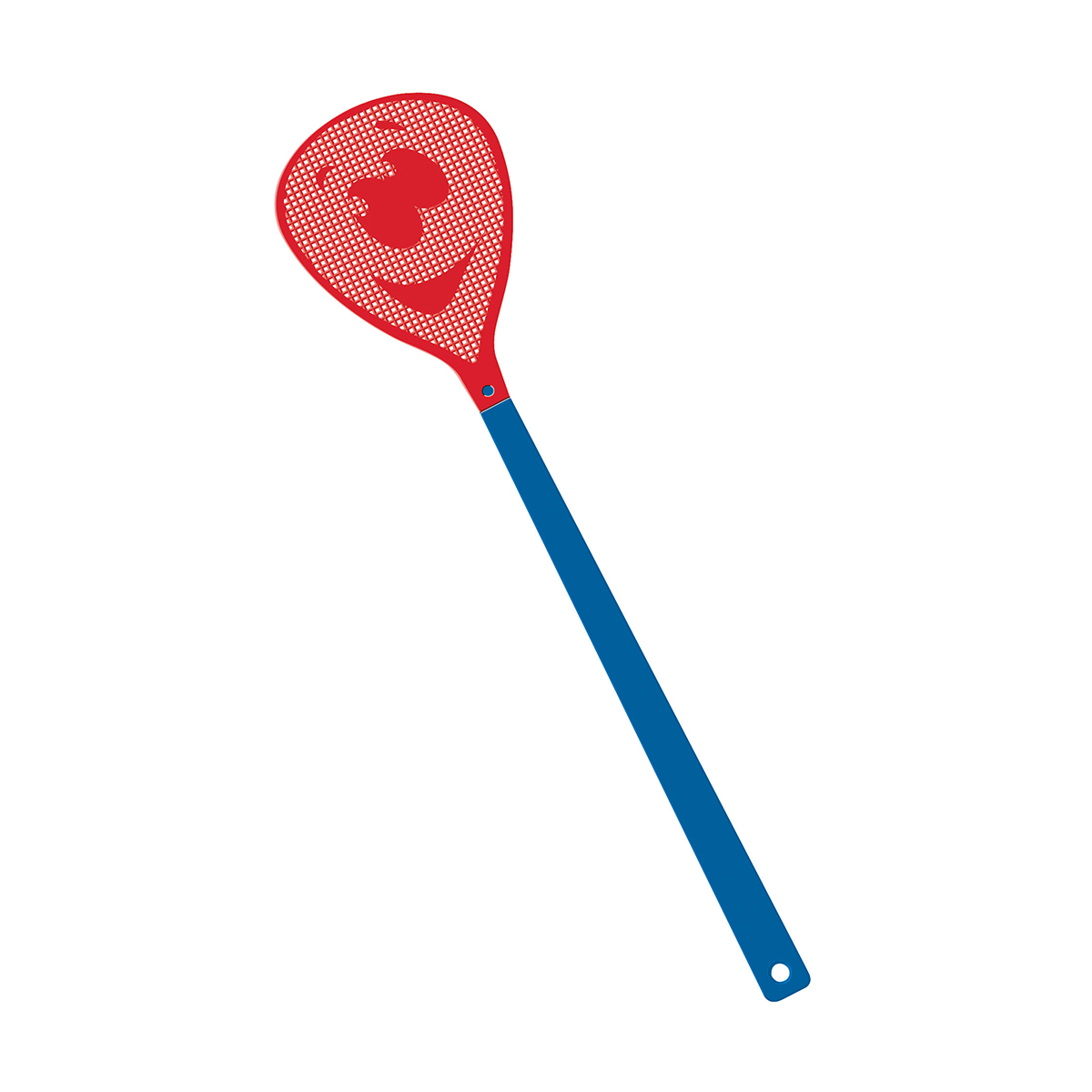 Fliegenklatsche "Gesicht", Griff blau, Klatsche rot
