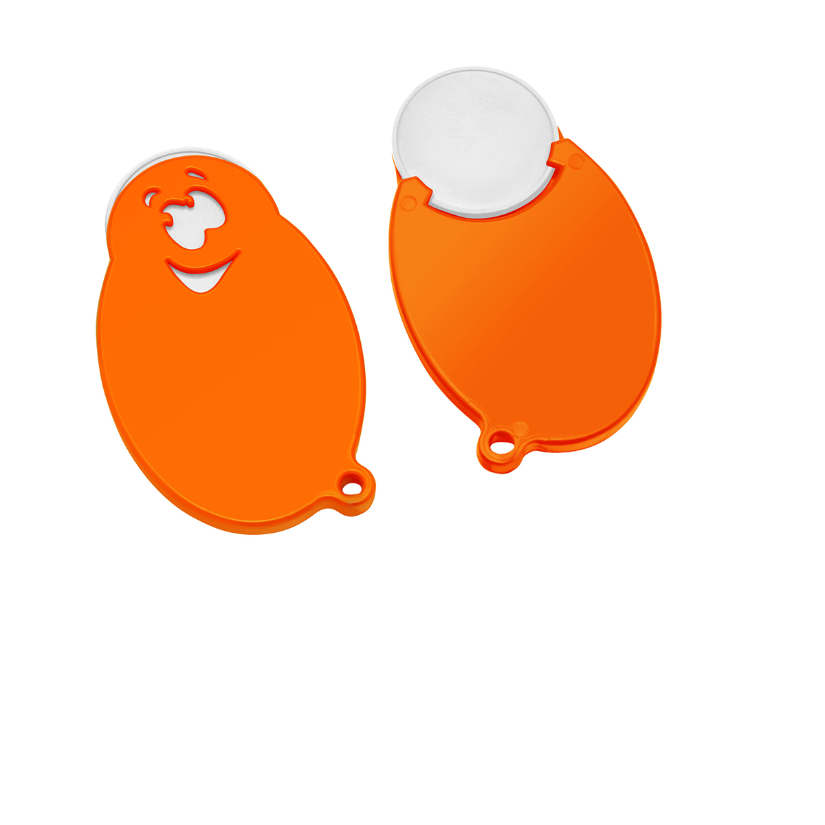 Chiphalter mit 1€-Chip "Gesicht", Chip weiß, Chiphalter orange