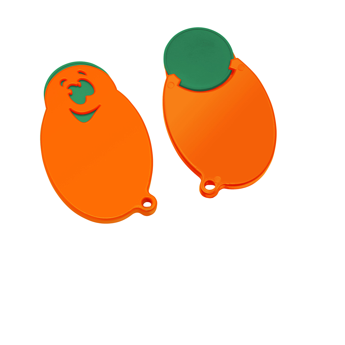 Chiphalter mit 1€-Chip "Gesicht", Chip grün, Chiphalter orange