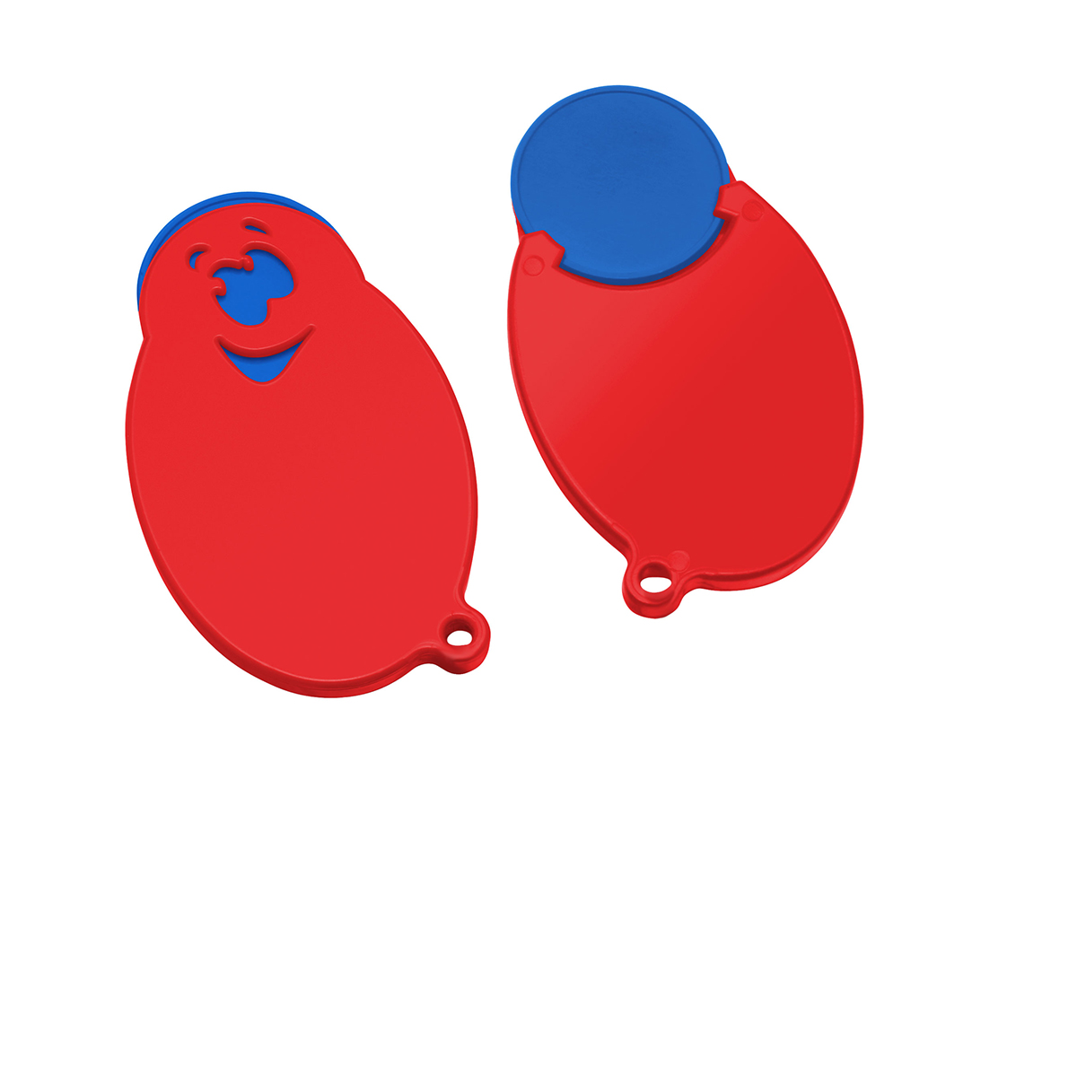 Chiphalter mit 1€-Chip "Gesicht", Chip blau, Chiphalter rot