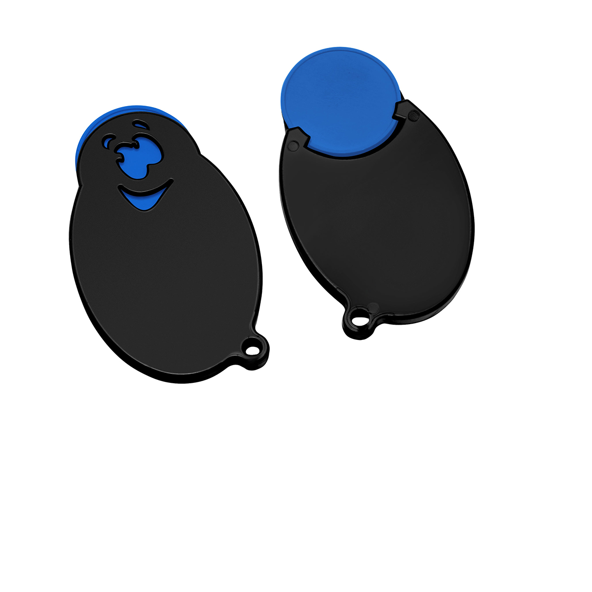 Chiphalter mit 1€-Chip "Gesicht", Chip blau, Chiphalter schwarz