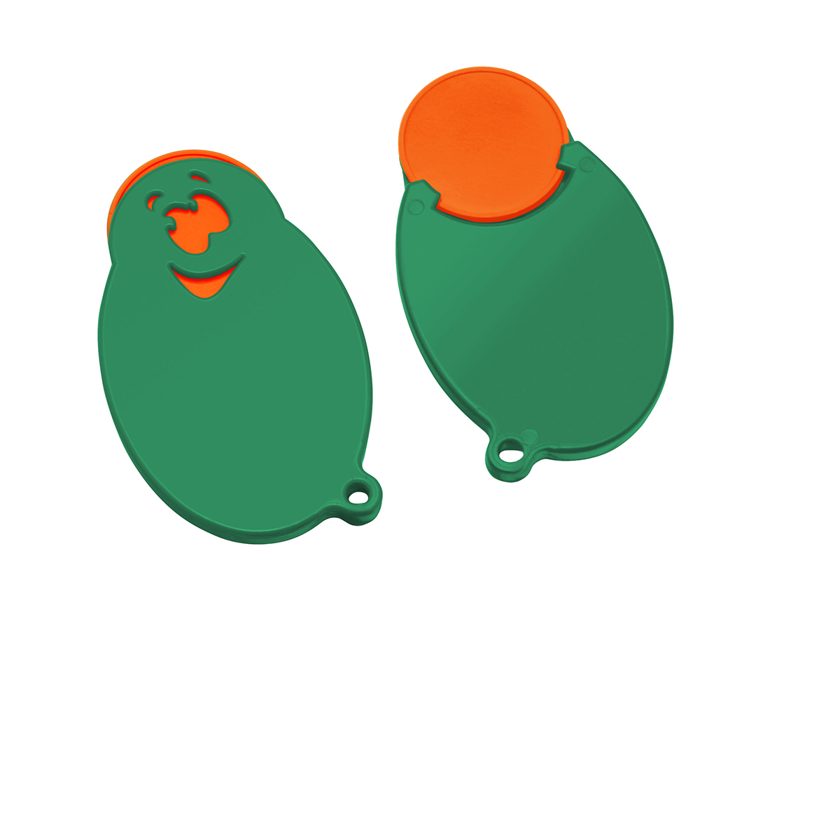 Chiphalter mit 1€-Chip "Gesicht", Chip orange, Chiphalter grün
