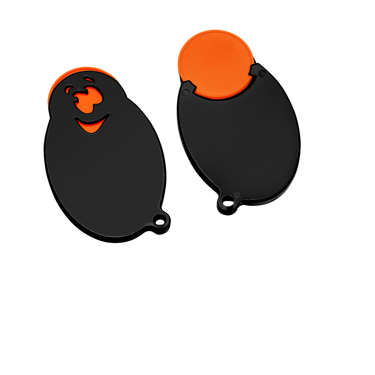 Chiphalter mit 1€-Chip "Gesicht", Chip orange, Chiphalter schwarz
