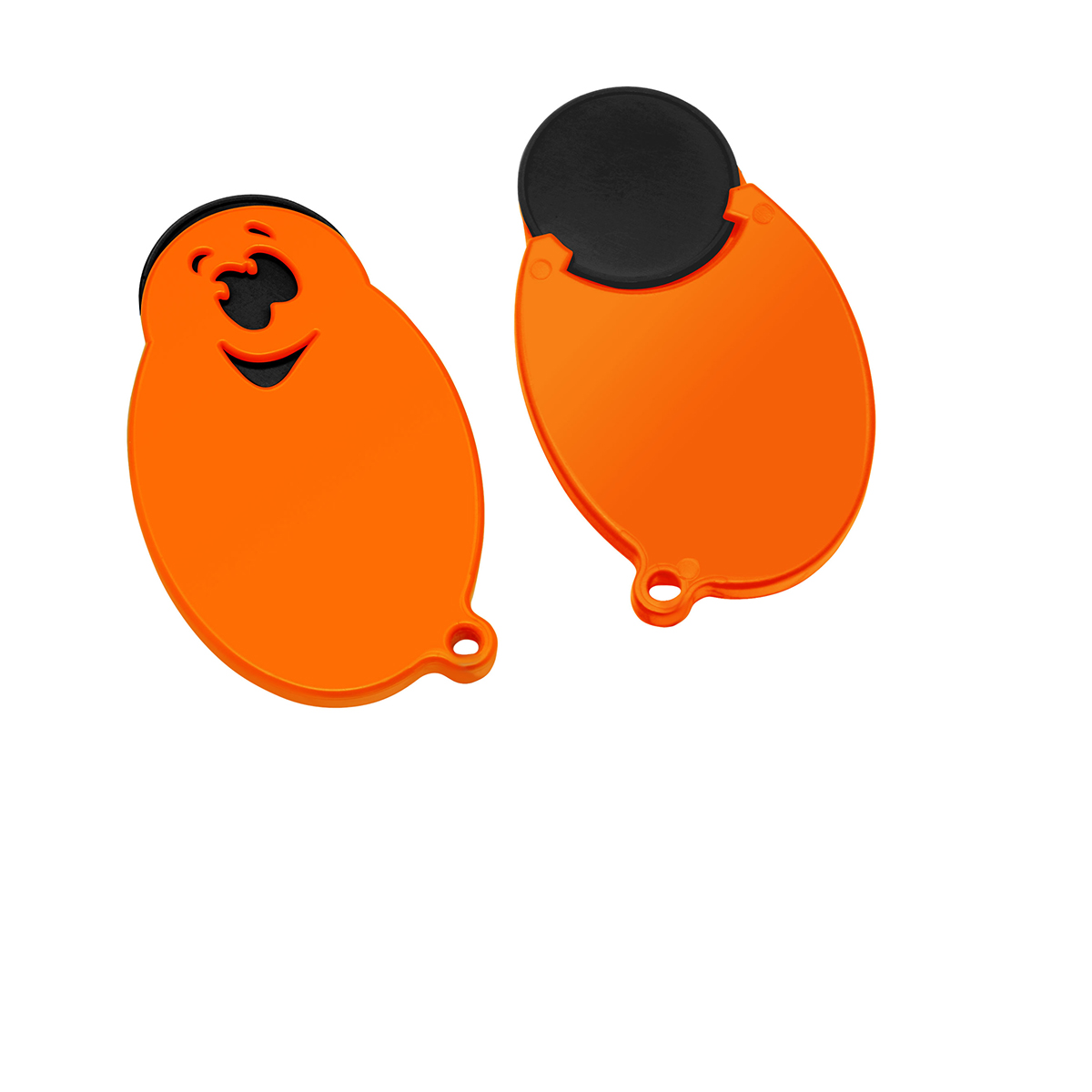 Chiphalter mit 1€-Chip "Gesicht", Chip schwarz, Chiphalter orange