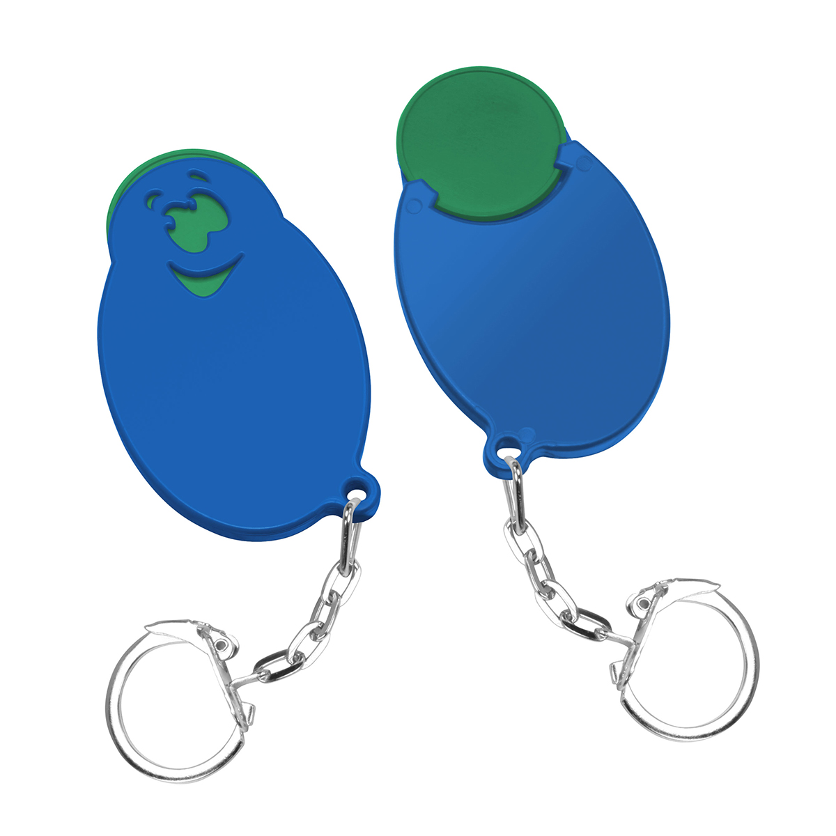 Chiphalter mit 1€-Chip "Gesicht", Chip grün, Chiphalter blau