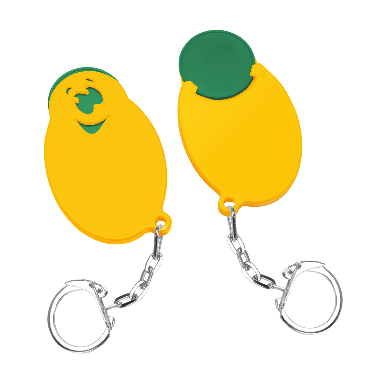 Chiphalter mit 1€-Chip "Gesicht", Chip grün, Chiphalter gelb