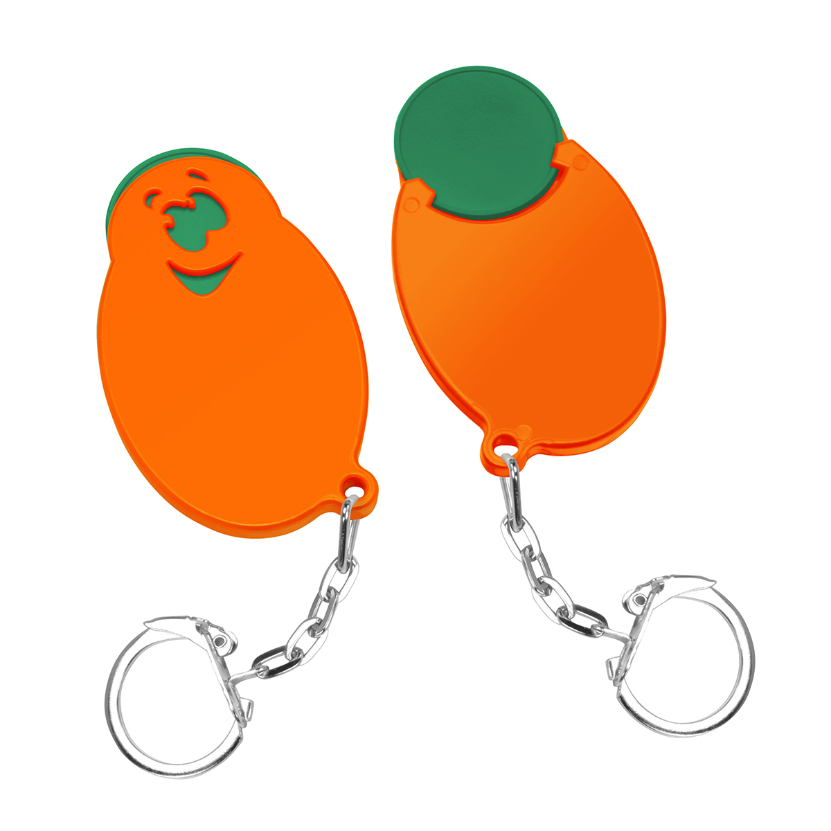 Chiphalter mit 1€-Chip "Gesicht", Chip grün, Chiphalter orange