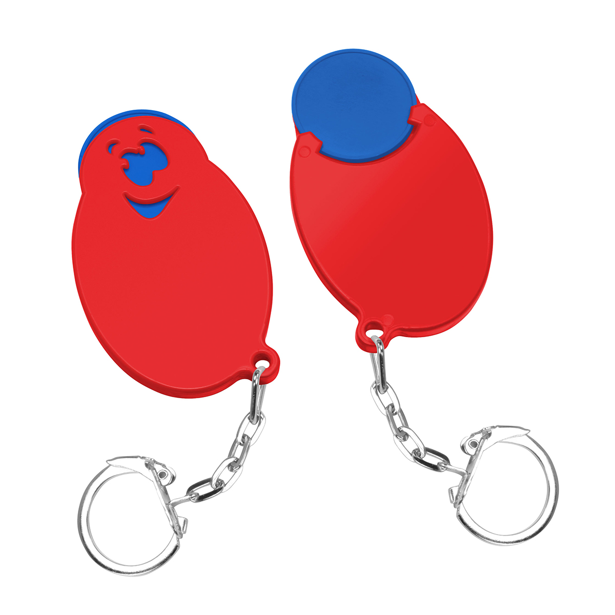 Chiphalter mit 1€-Chip "Gesicht", Chip blau, Chiphalter rot