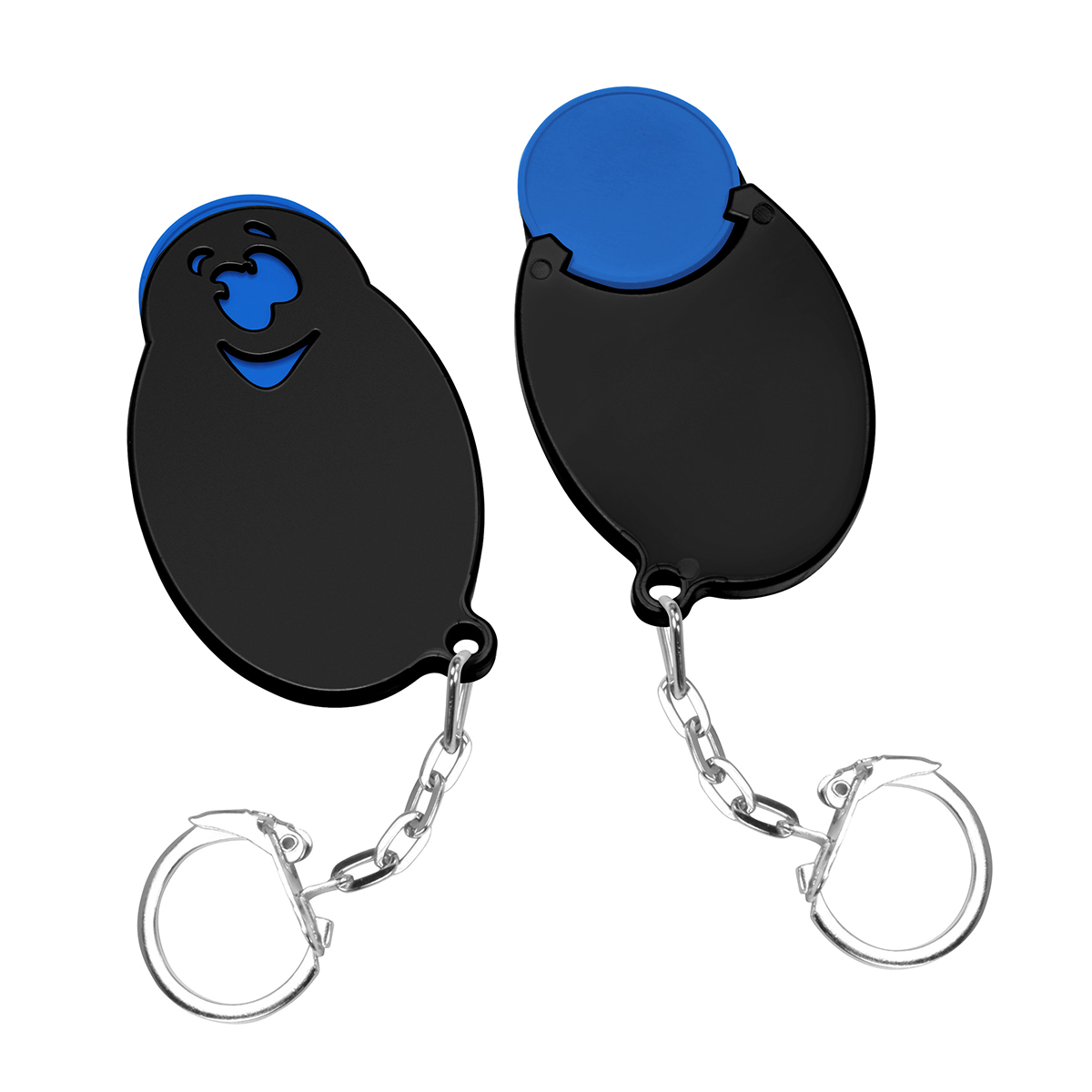 Chiphalter mit 1€-Chip "Gesicht", Chip blau, Chiphalter schwarz