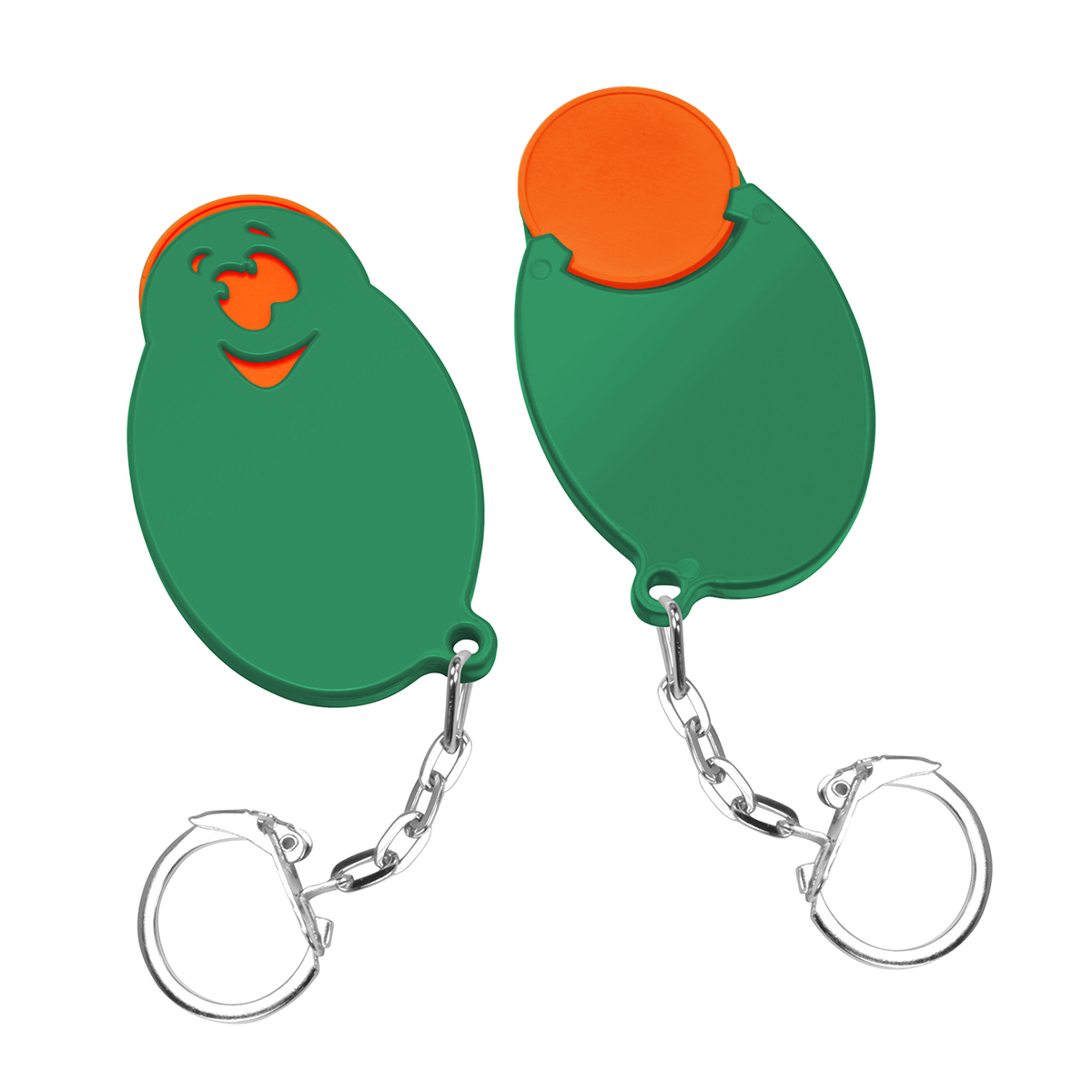Chiphalter mit 1€-Chip "Gesicht", Chip orange, Chiphalter grün