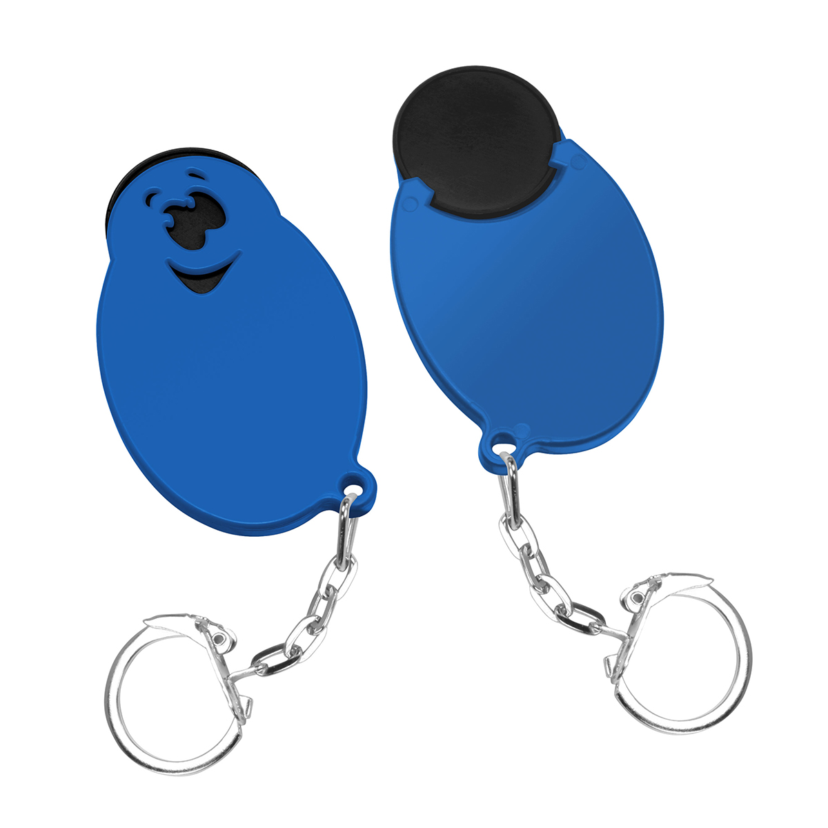 Chiphalter mit 1€-Chip "Gesicht", Chip schwarz, Chiphalter blau