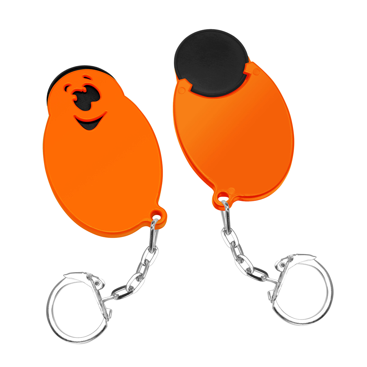 Chiphalter mit 1€-Chip "Gesicht", Chip schwarz, Chiphalter orange