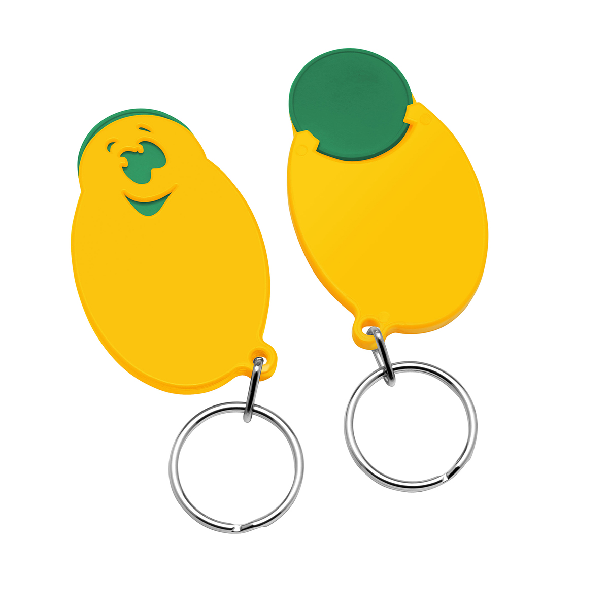 Chiphalter mit 1€-Chip "Gesicht", Chip grün, Chiphalter gelb