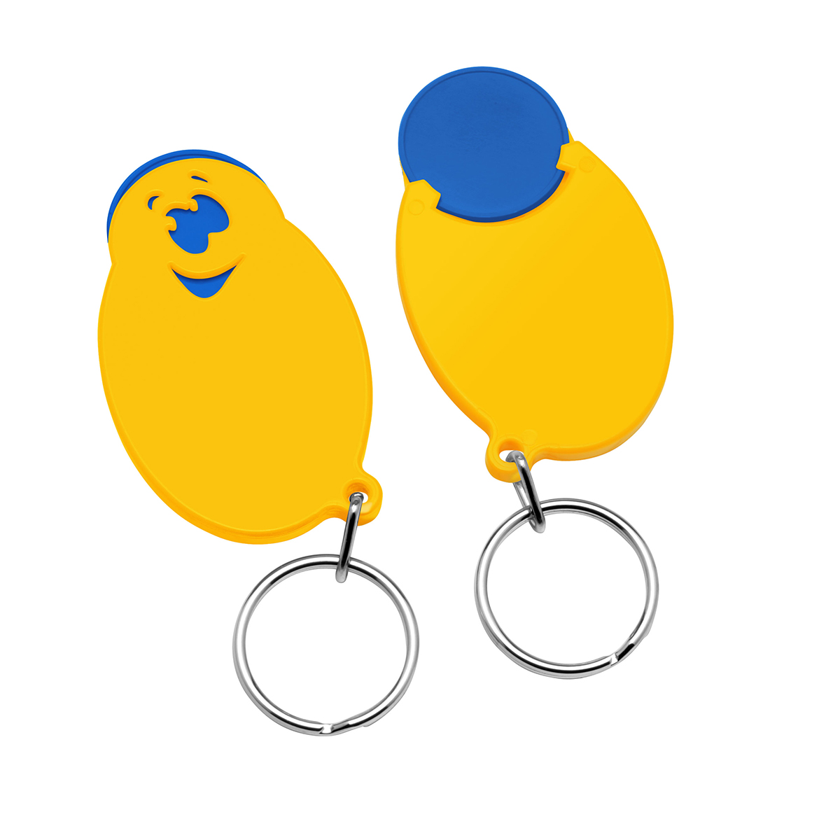 Chiphalter mit 1€-Chip "Gesicht", Chip blau, Chiphalter gelb