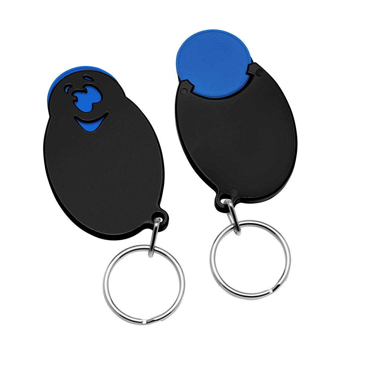 Chiphalter mit 1€-Chip "Gesicht", Chip blau, Chiphalter schwarz