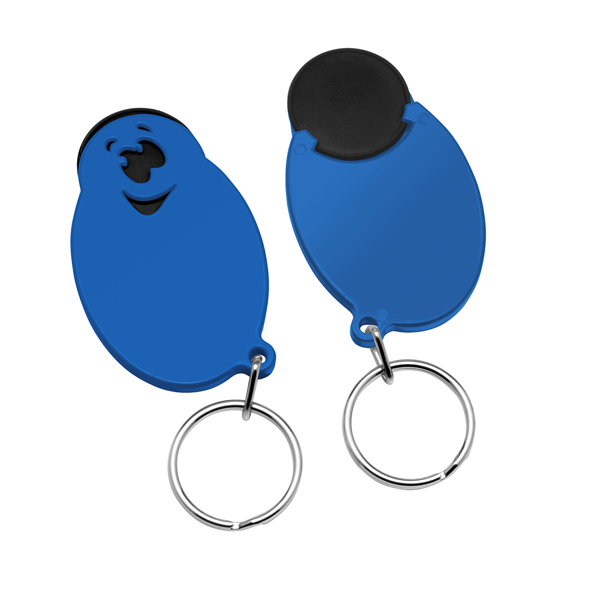 Chiphalter mit 1€-Chip "Gesicht", Chip schwarz, Chiphalter blau
