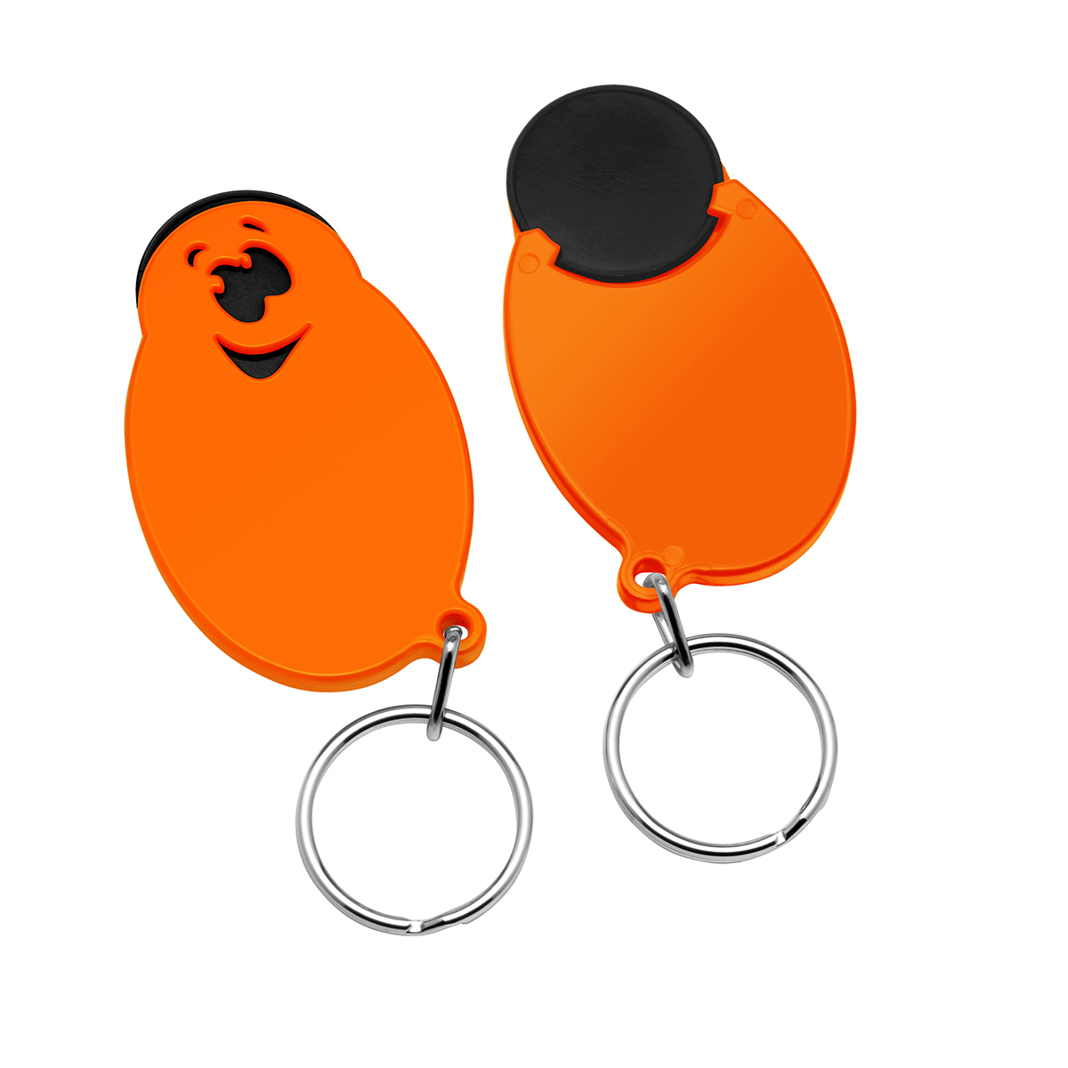 Chiphalter mit 1€-Chip "Gesicht", Chip schwarz, Chiphalter orange
