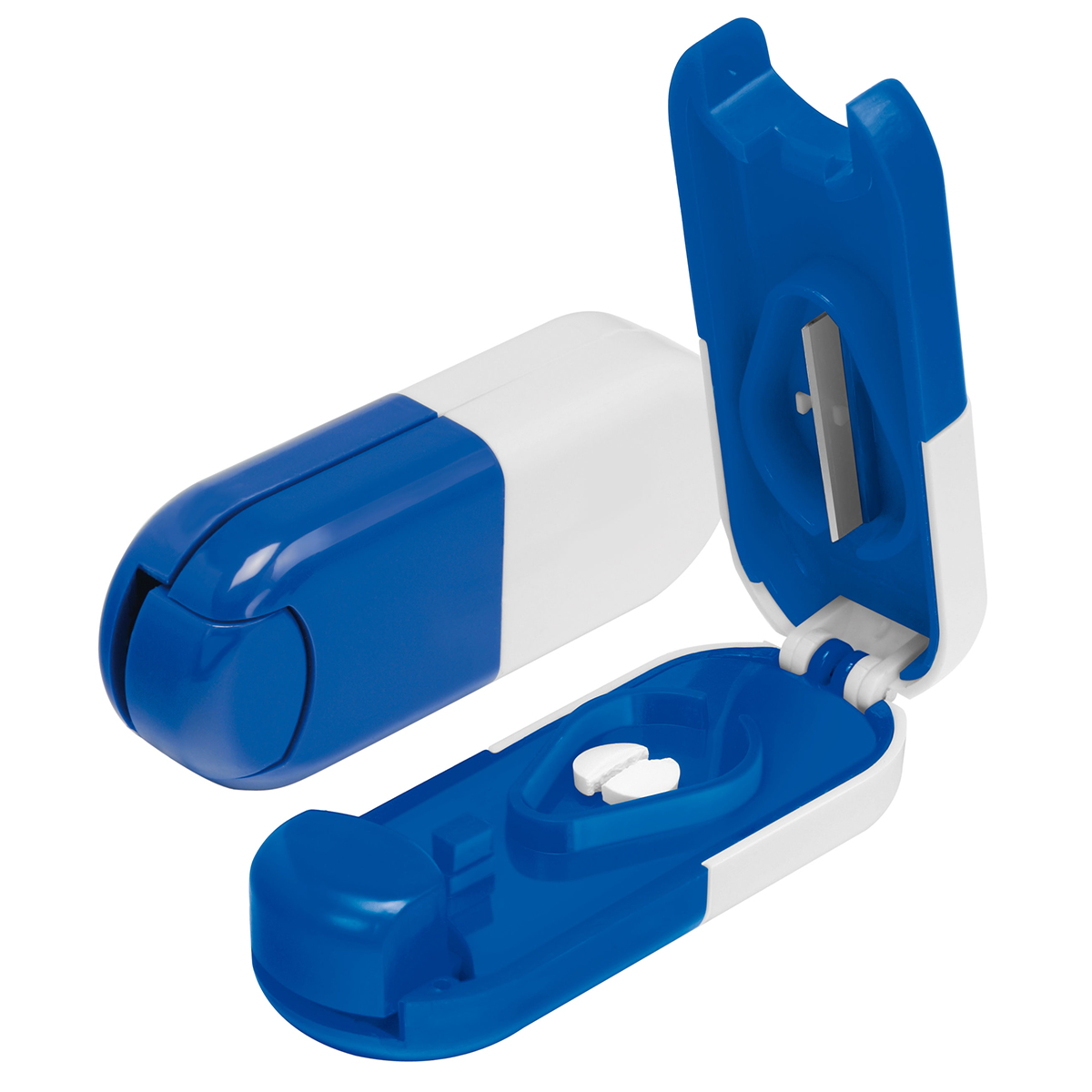 Pillendose Tablettenform, Grundfarbe weiß, Zusatzfarbe blau