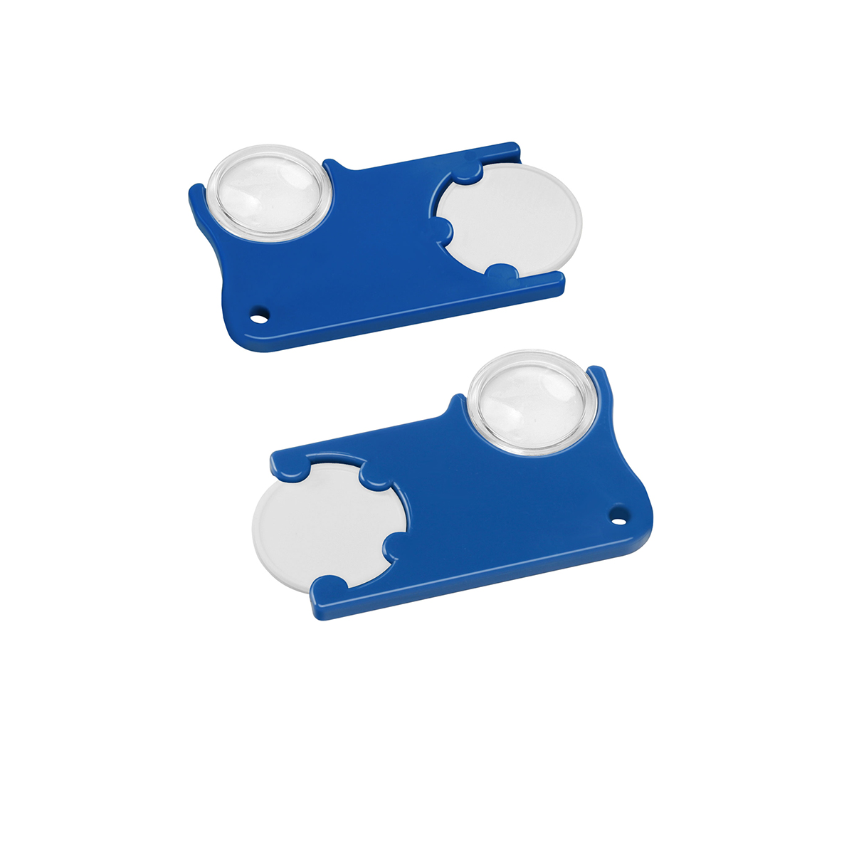 Chiphalter mit 1€-Chip und Lupe, Chip weiß, Chiphalter blau