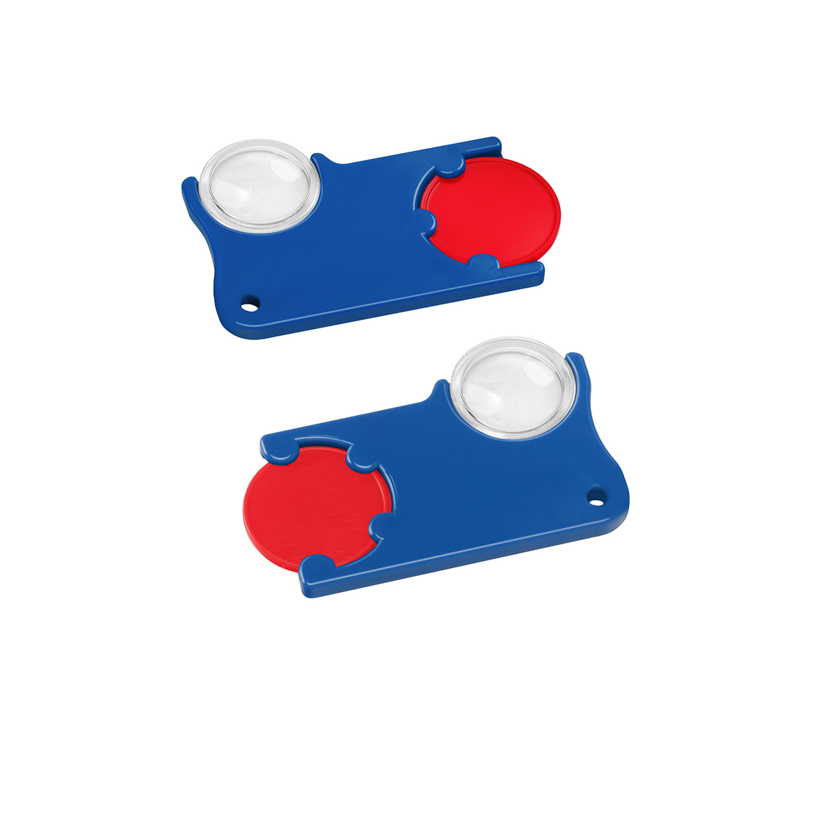 Chiphalter mit 1€-Chip und Lupe, Chip rot, Chiphalter blau