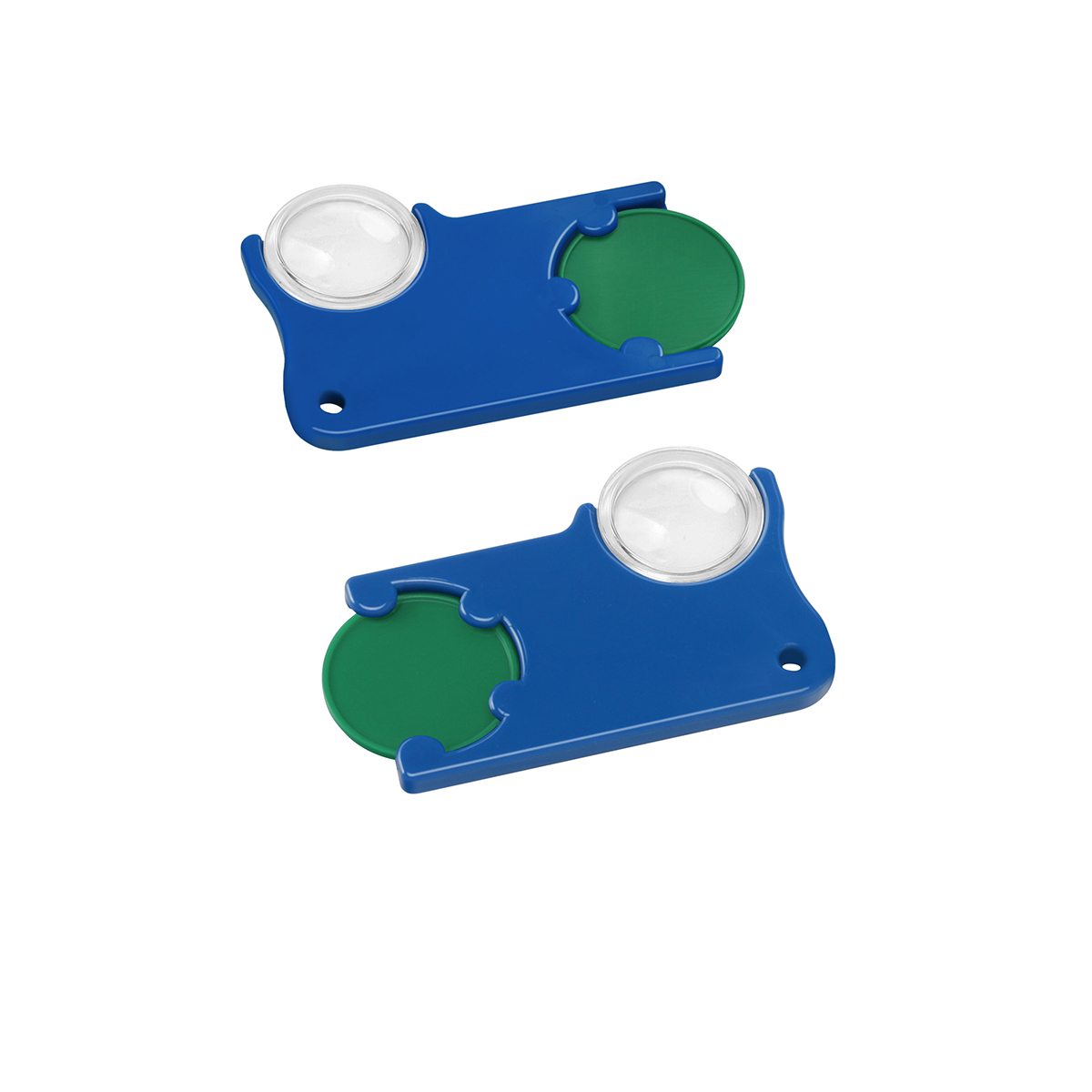 Chiphalter mit 1€-Chip und Lupe, Chip grün, Chiphalter blau