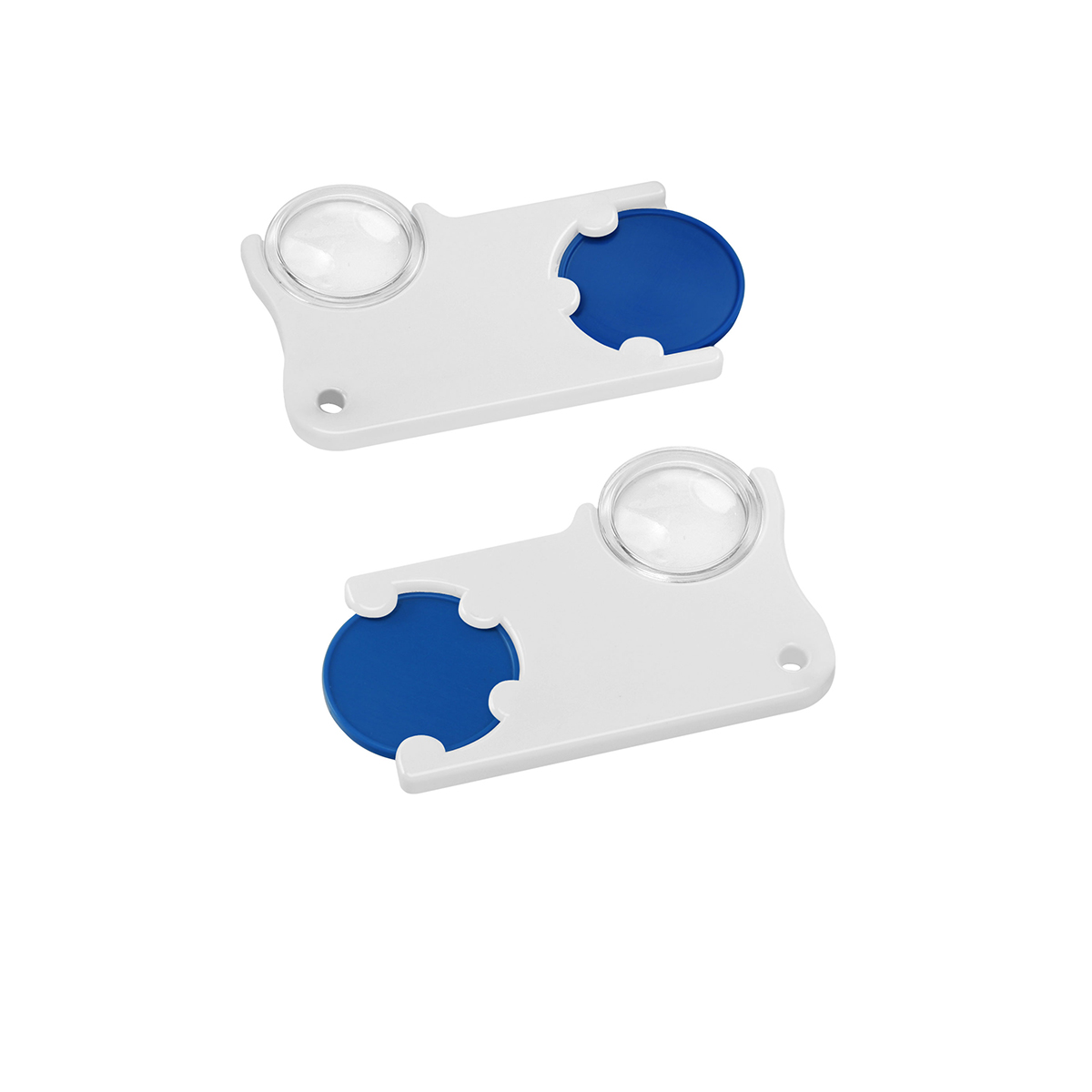 Chiphalter mit 1€-Chip und Lupe, Chip blau, Chiphalter weiß
