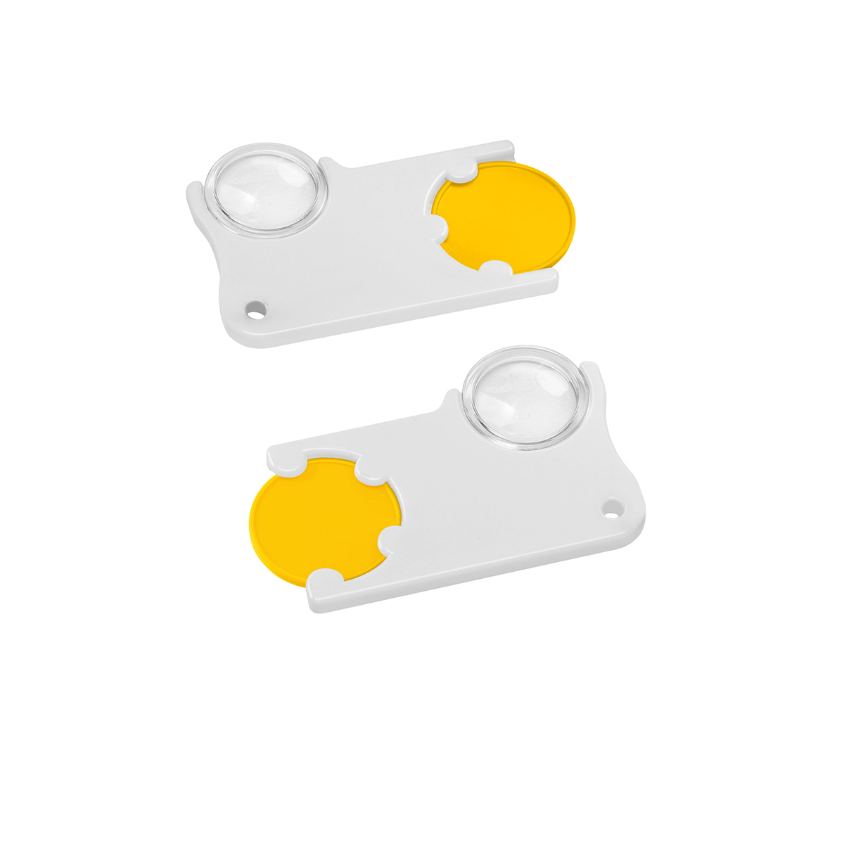 Chiphalter mit 1€-Chip und Lupe, Chip gelb, Chiphalter weiß