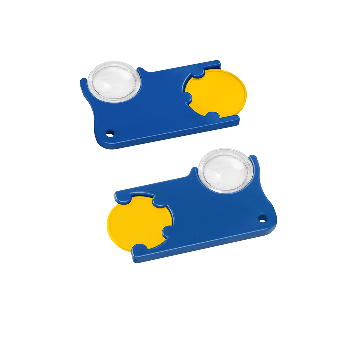 Chiphalter mit 1€-Chip und Lupe, Chip gelb, Chiphalter blau