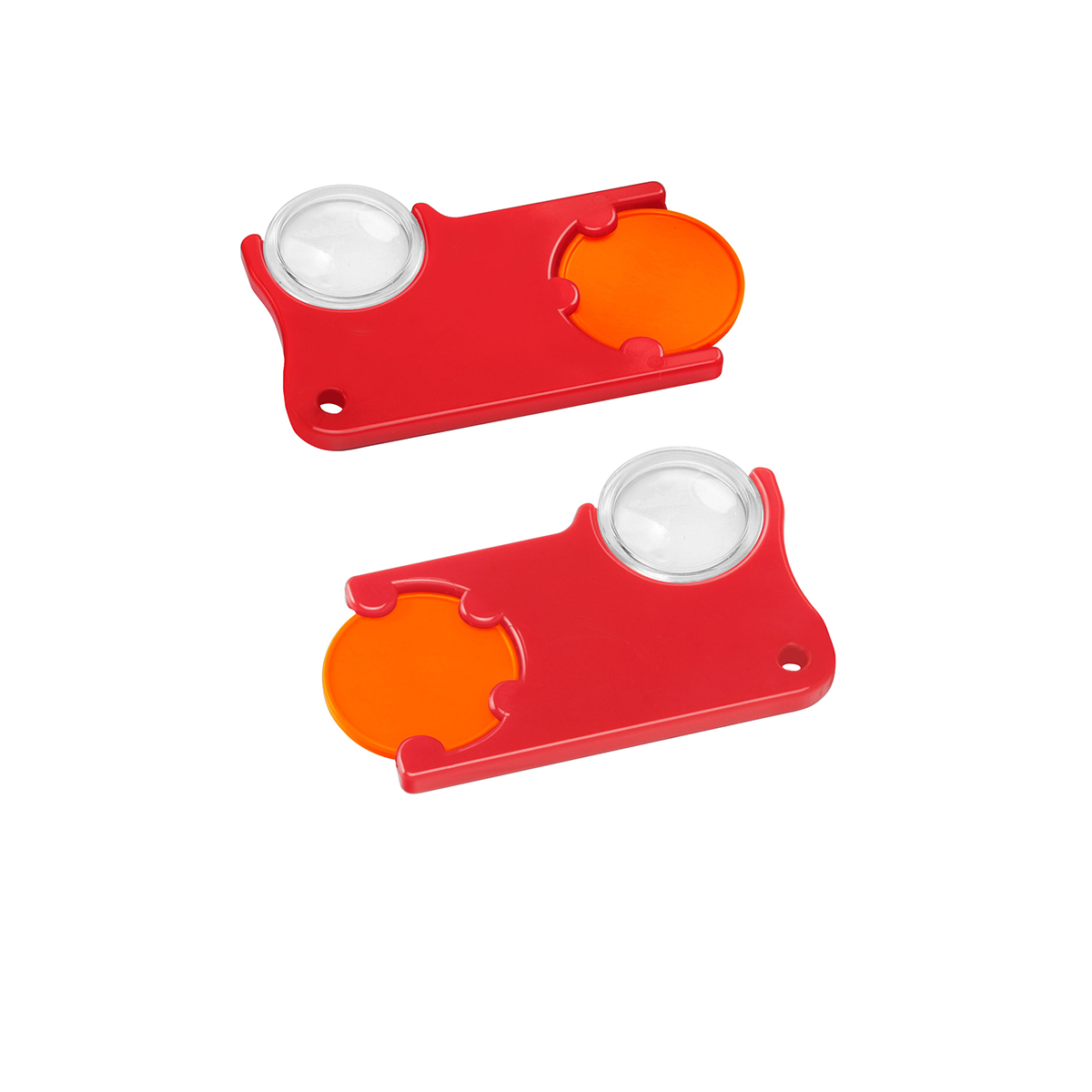 Chiphalter mit 1€-Chip und Lupe, Chip orange, Chiphalter rot