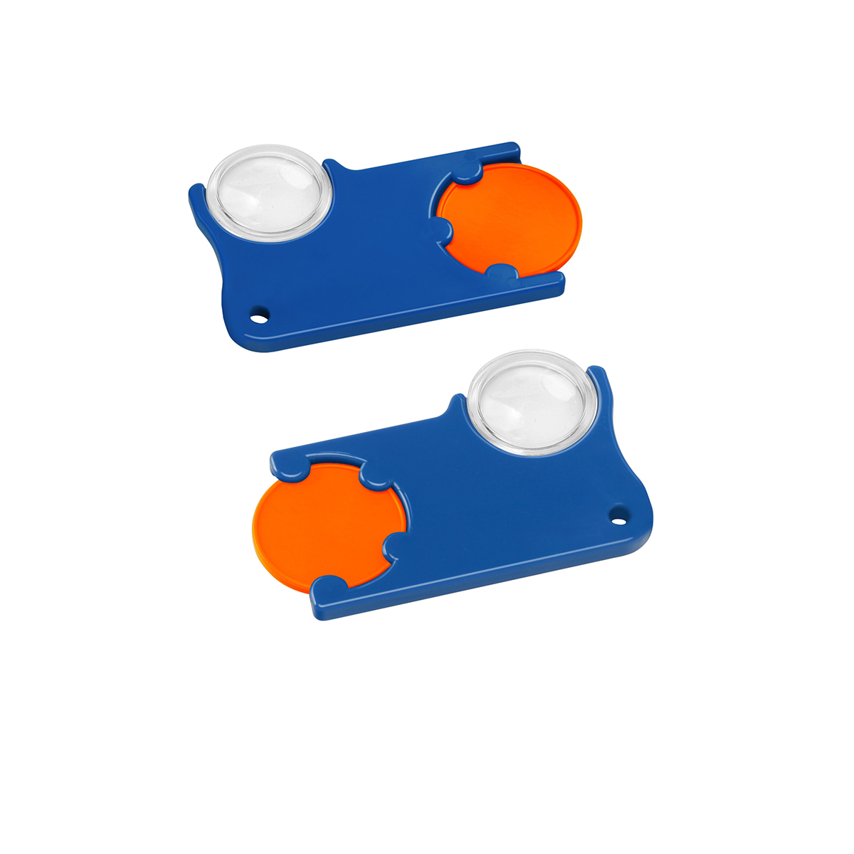 Chiphalter mit 1€-Chip und Lupe, Chip orange, Chiphalter blau