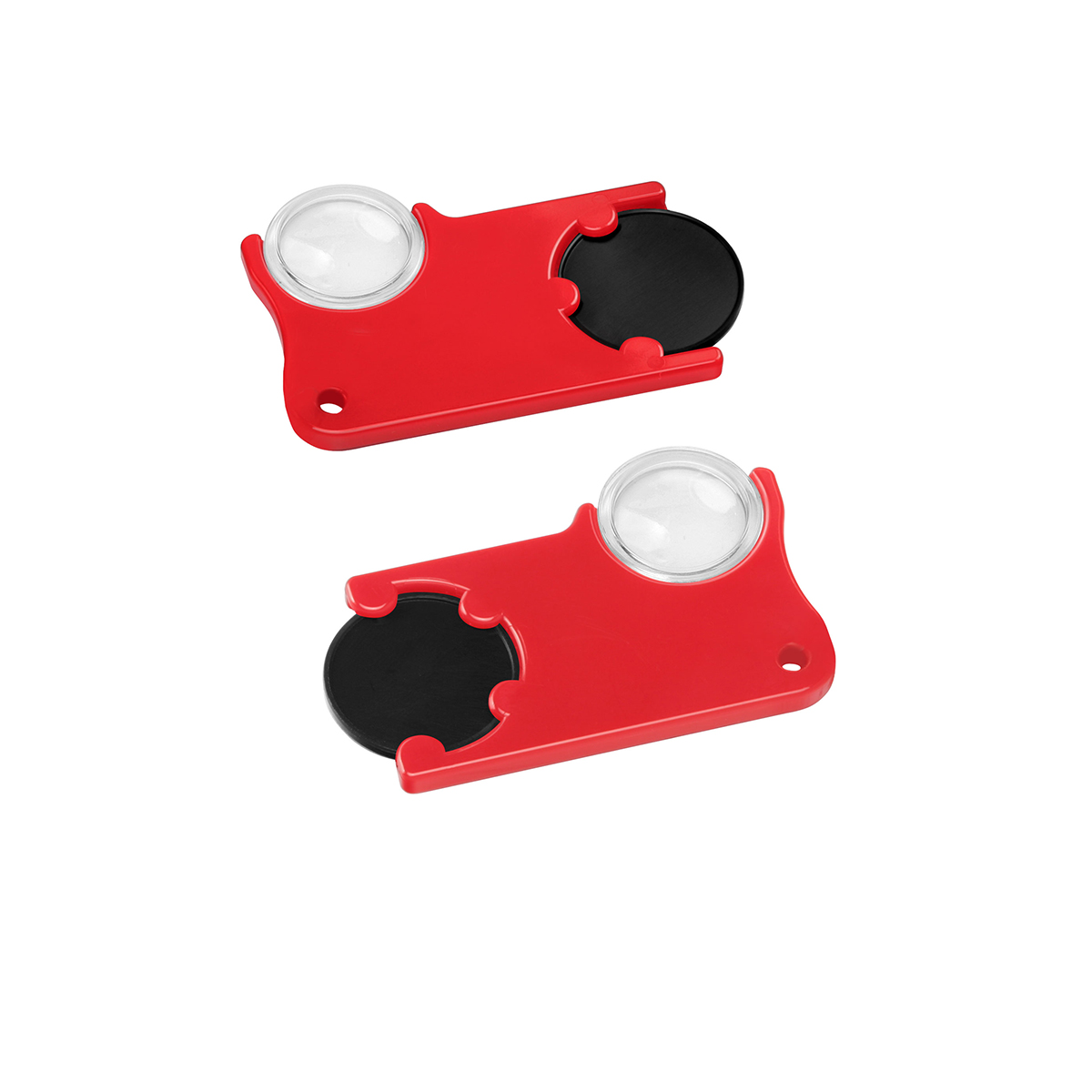 Chiphalter mit 1€-Chip und Lupe, Chip schwarz, Chiphalter rot