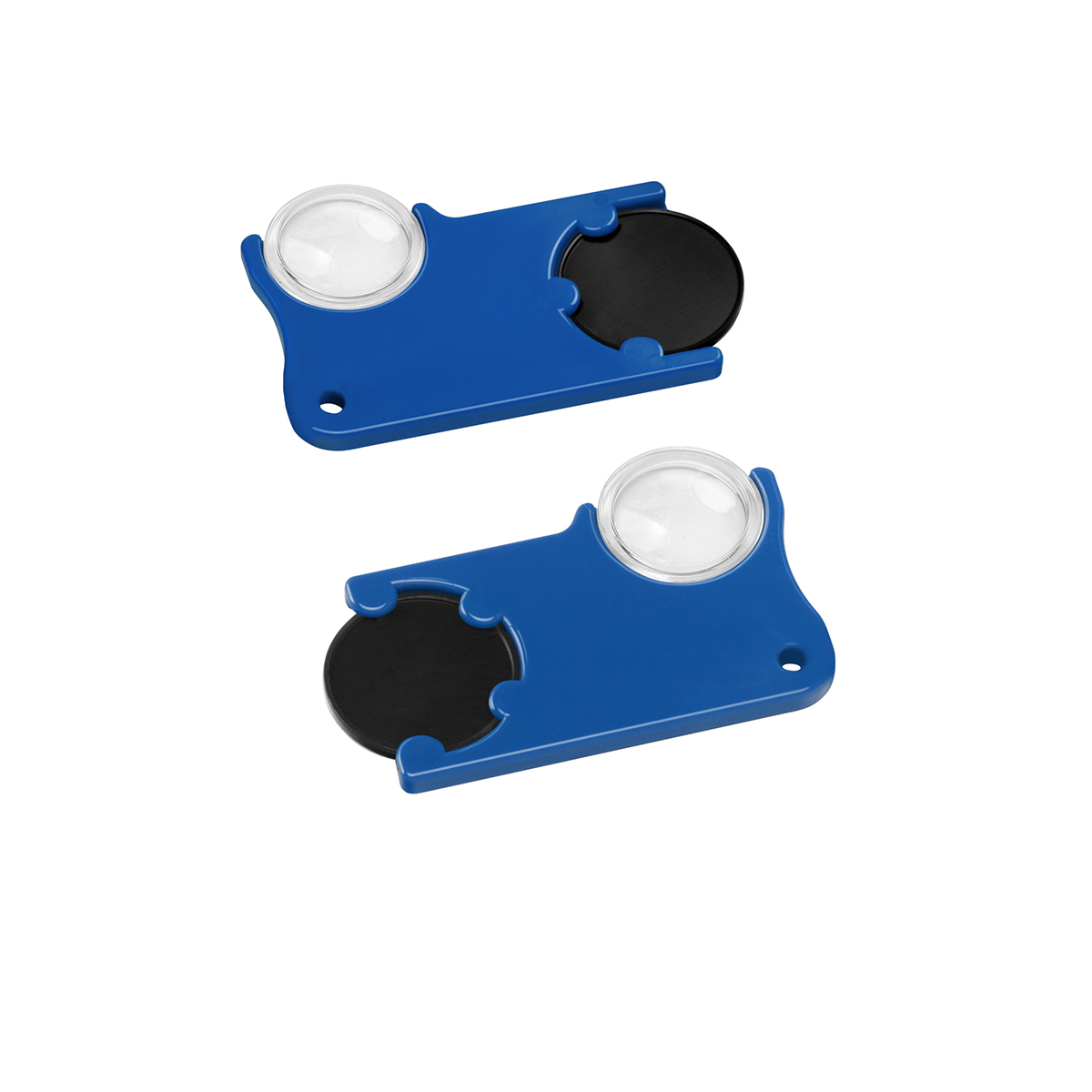 Chiphalter mit 1€-Chip und Lupe, Chip schwarz, Chiphalter blau