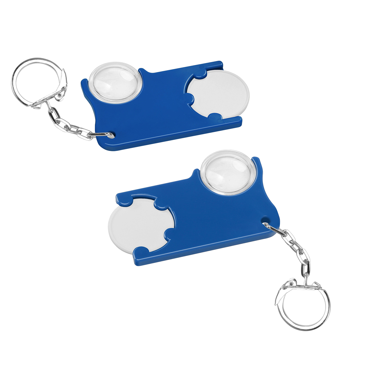 Chiphalter mit 1€-Chip und Lupe, Chip weiß, Chiphalter blau