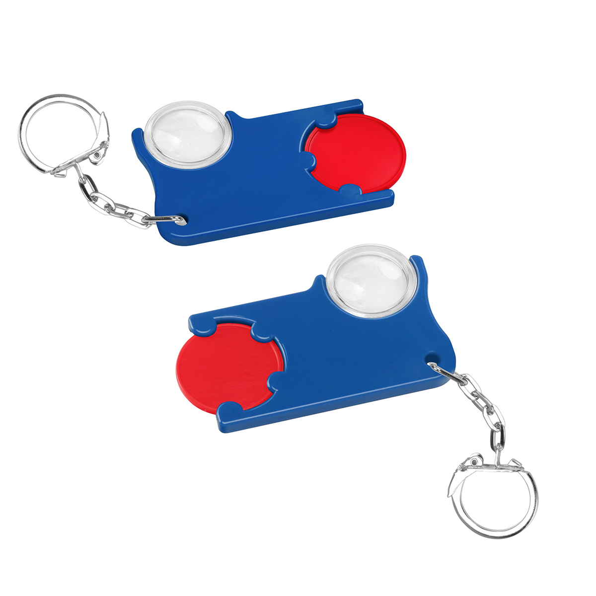 Chiphalter mit 1€-Chip und Lupe, Chip rot, Chiphalter blau
