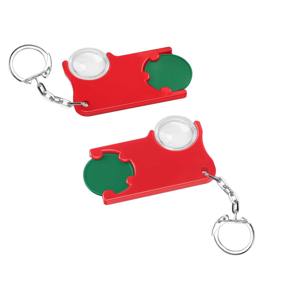 Chiphalter mit 1€-Chip und Lupe, Chip grün, Chiphalter rot