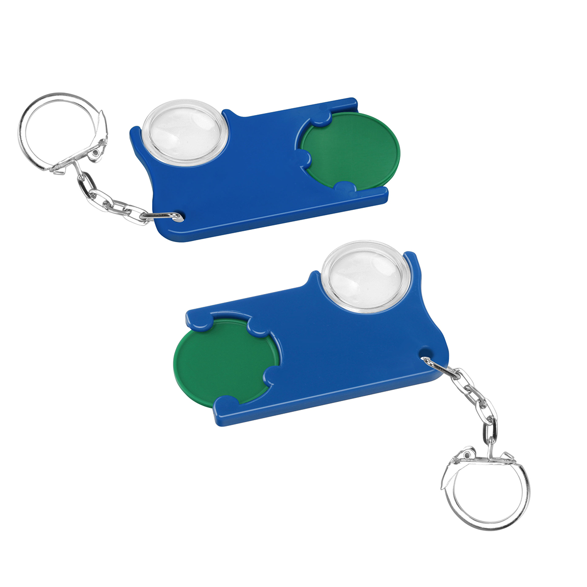 Chiphalter mit 1€-Chip und Lupe, Chip grün, Chiphalter blau