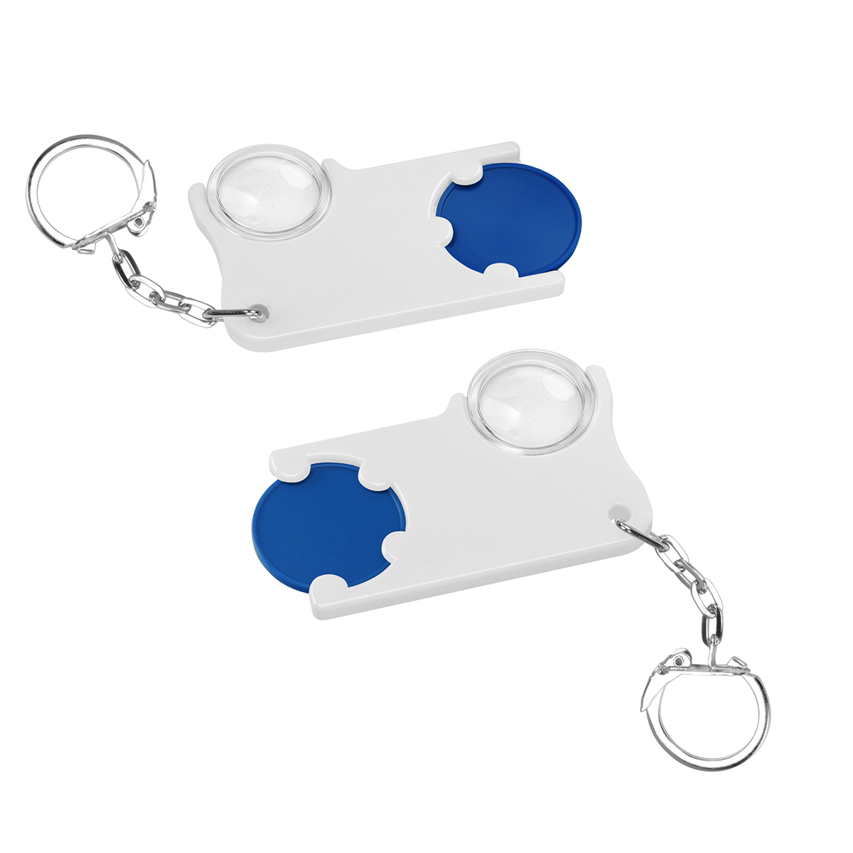 Chiphalter mit 1€-Chip und Lupe, Chip blau, Chiphalter weiß
