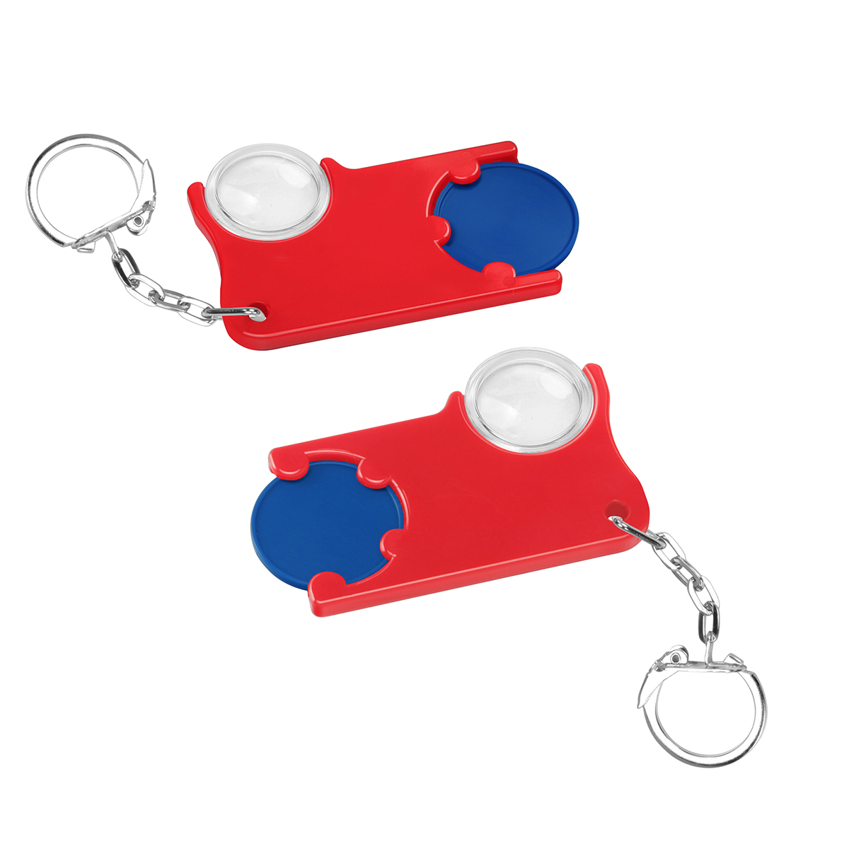 Chiphalter mit 1€-Chip und Lupe, Chip blau, Chiphalter rot