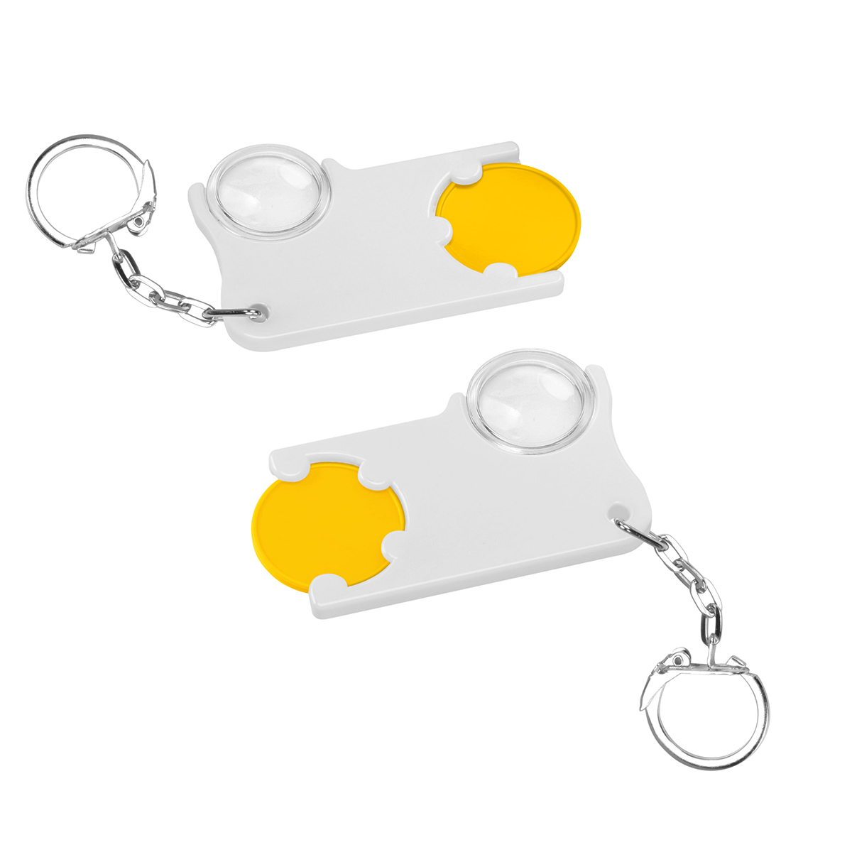 Chiphalter mit 1€-Chip und Lupe, Chip gelb, Chiphalter weiß