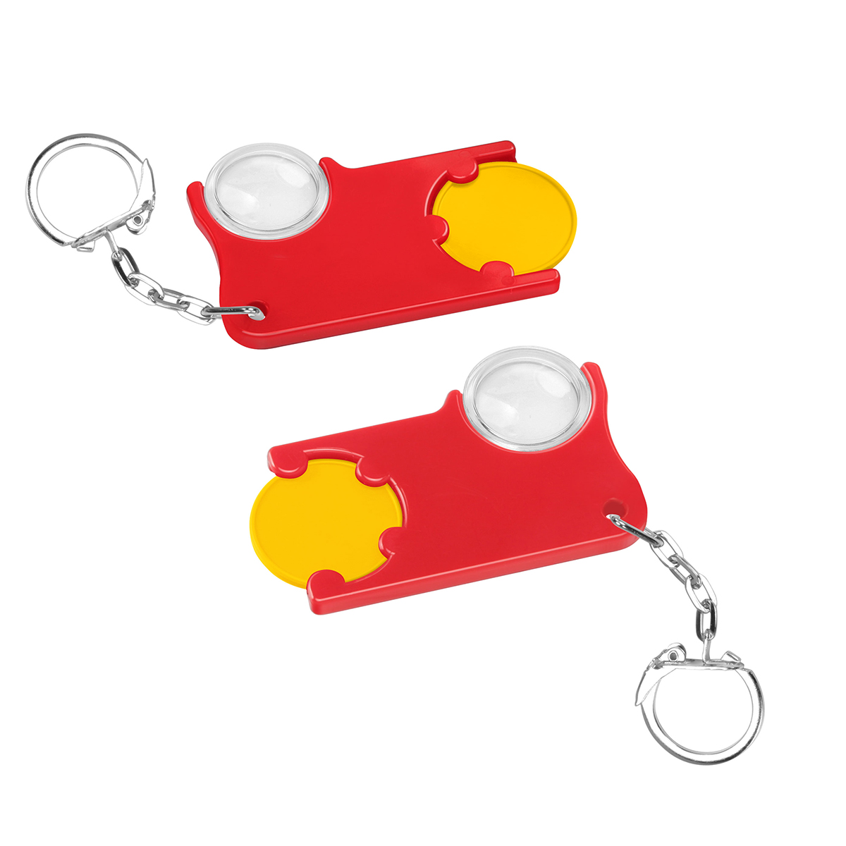 Chiphalter mit 1€-Chip und Lupe, Chip gelb, Chiphalter rot