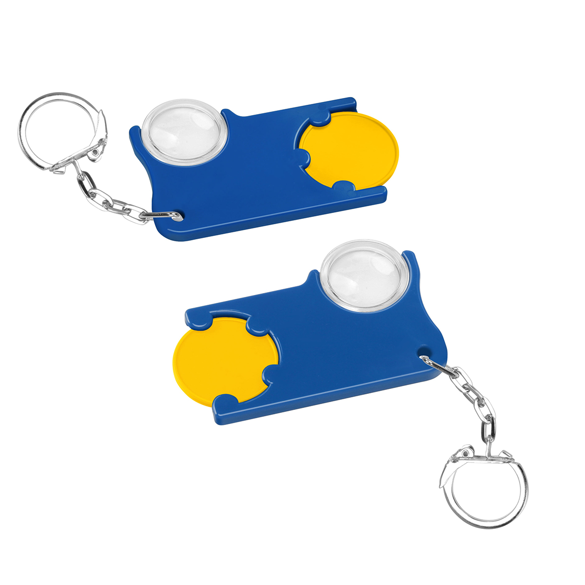 Chiphalter mit 1€-Chip und Lupe, Chip gelb, Chiphalter blau