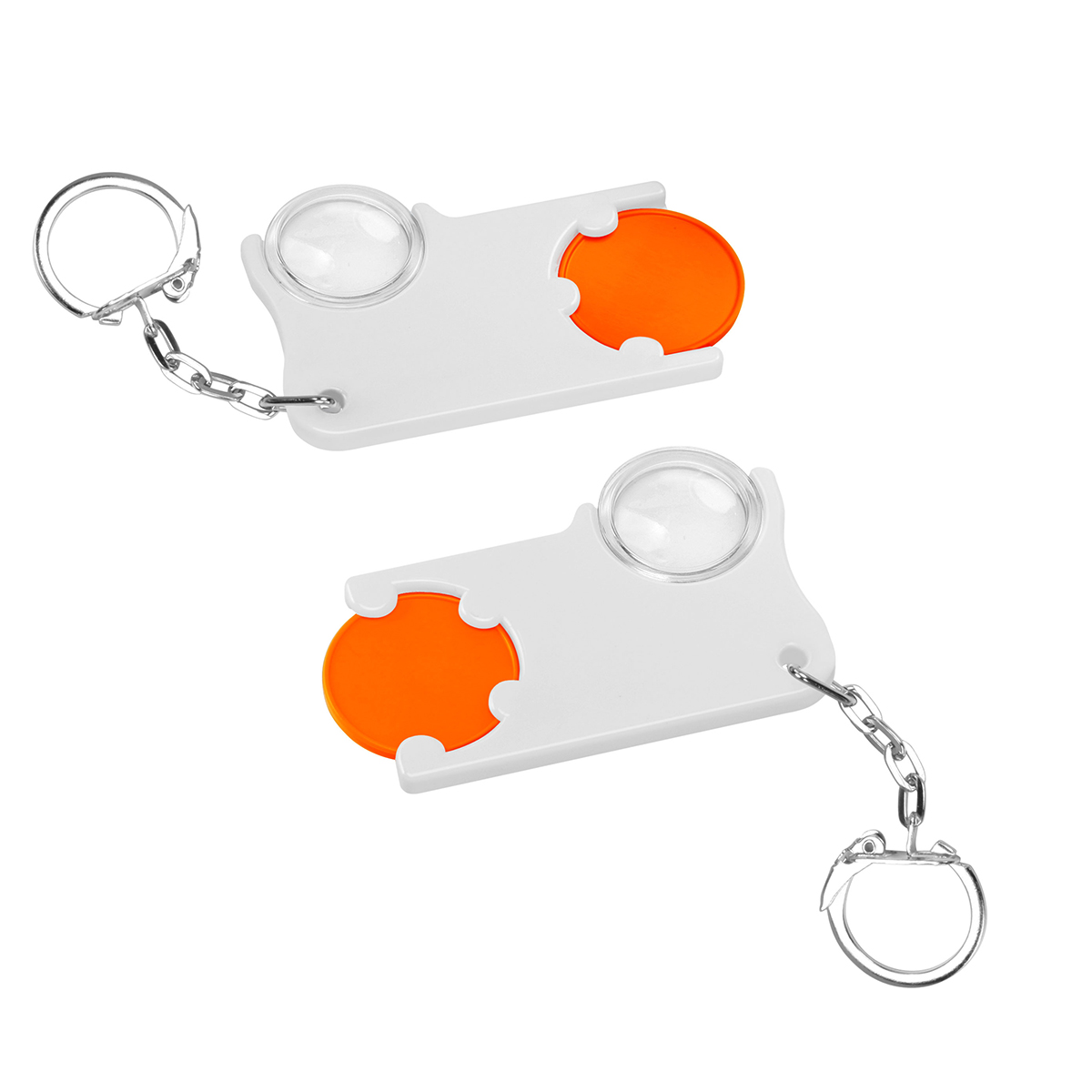 Chiphalter mit 1€-Chip und Lupe, Chip orange, Chiphalter weiß