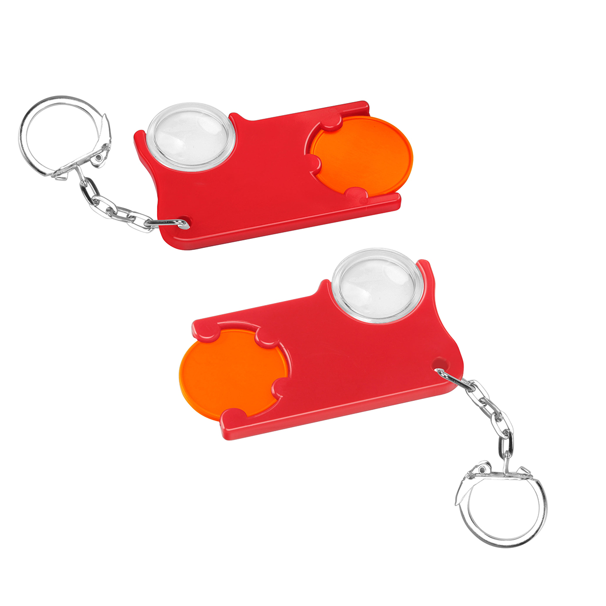 Chiphalter mit 1€-Chip und Lupe, Chip orange, Chiphalter rot
