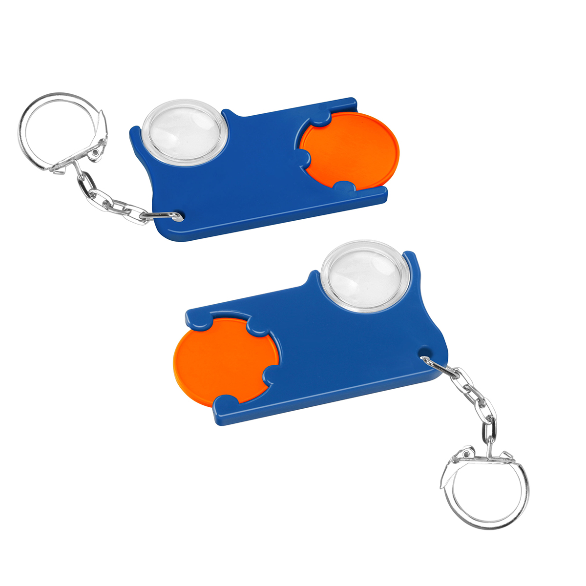 Chiphalter mit 1€-Chip und Lupe, Chip orange, Chiphalter blau