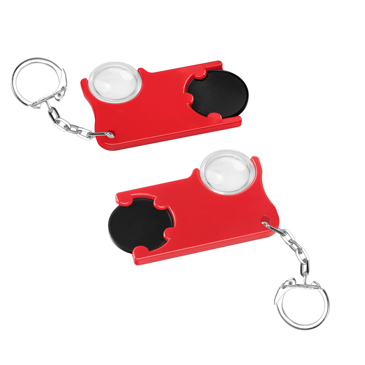 Chiphalter mit 1€-Chip und Lupe, Chip schwarz, Chiphalter rot