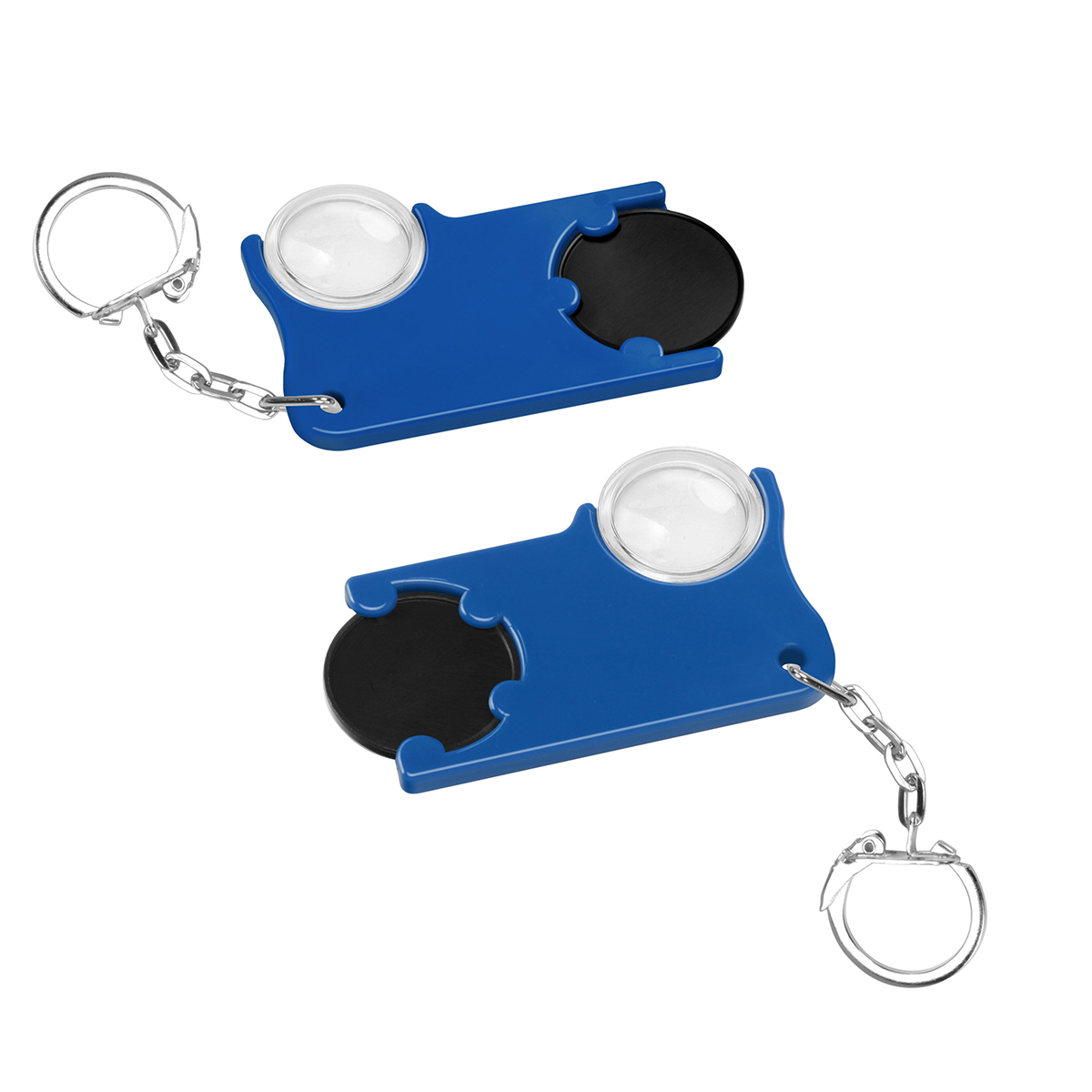 Chiphalter mit 1€-Chip und Lupe, Chip schwarz, Chiphalter blau
