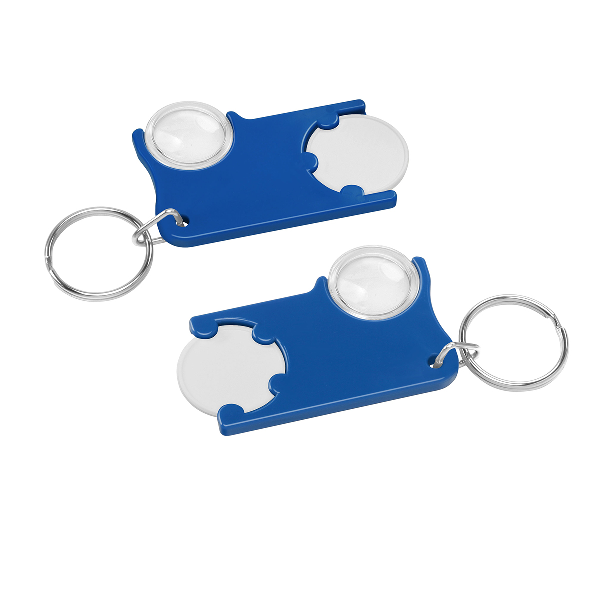 Chiphalter mit 1€-Chip und Lupe, Chip weiß, Chiphalter blau