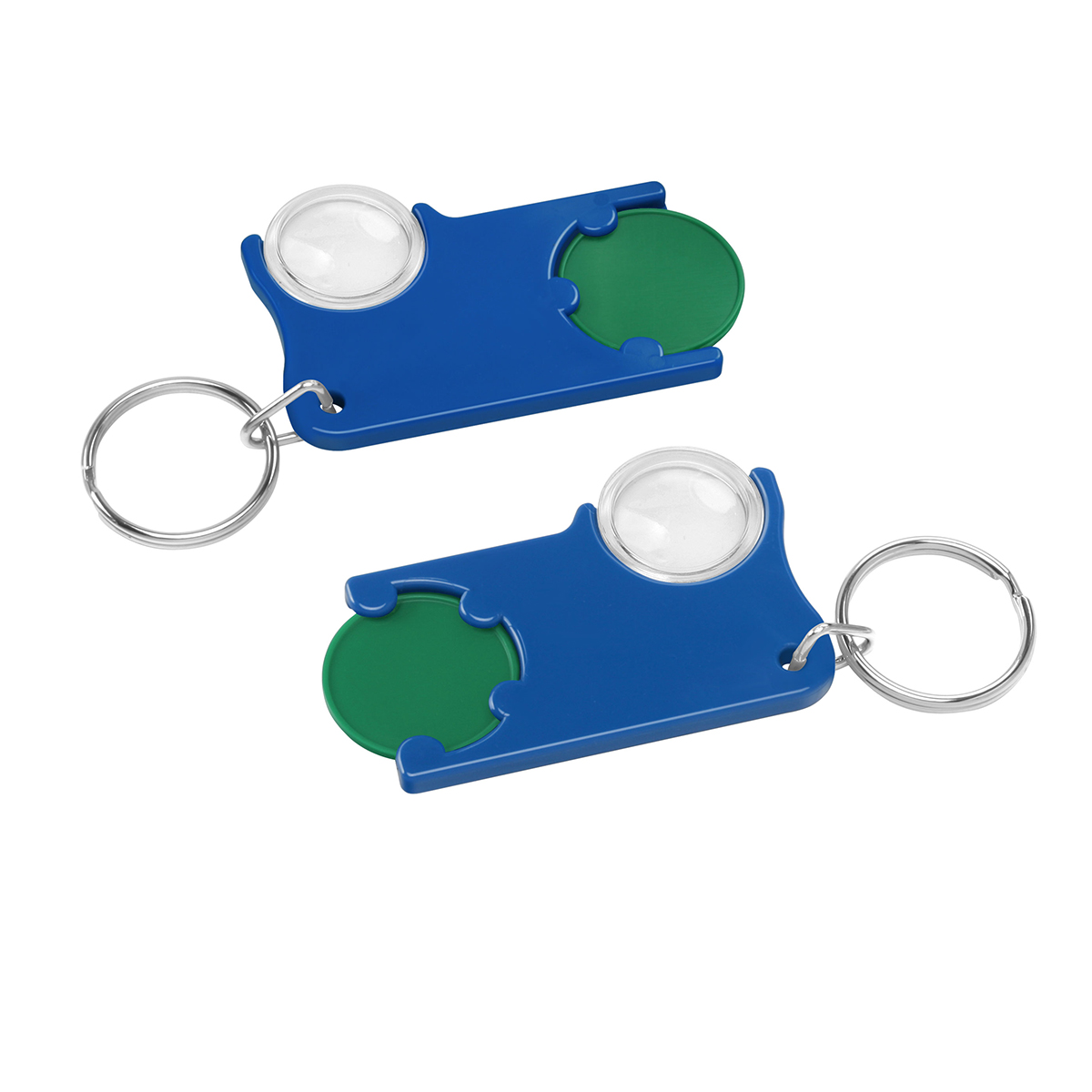 Chiphalter mit 1€-Chip und Lupe, Chip grün, Chiphalter blau